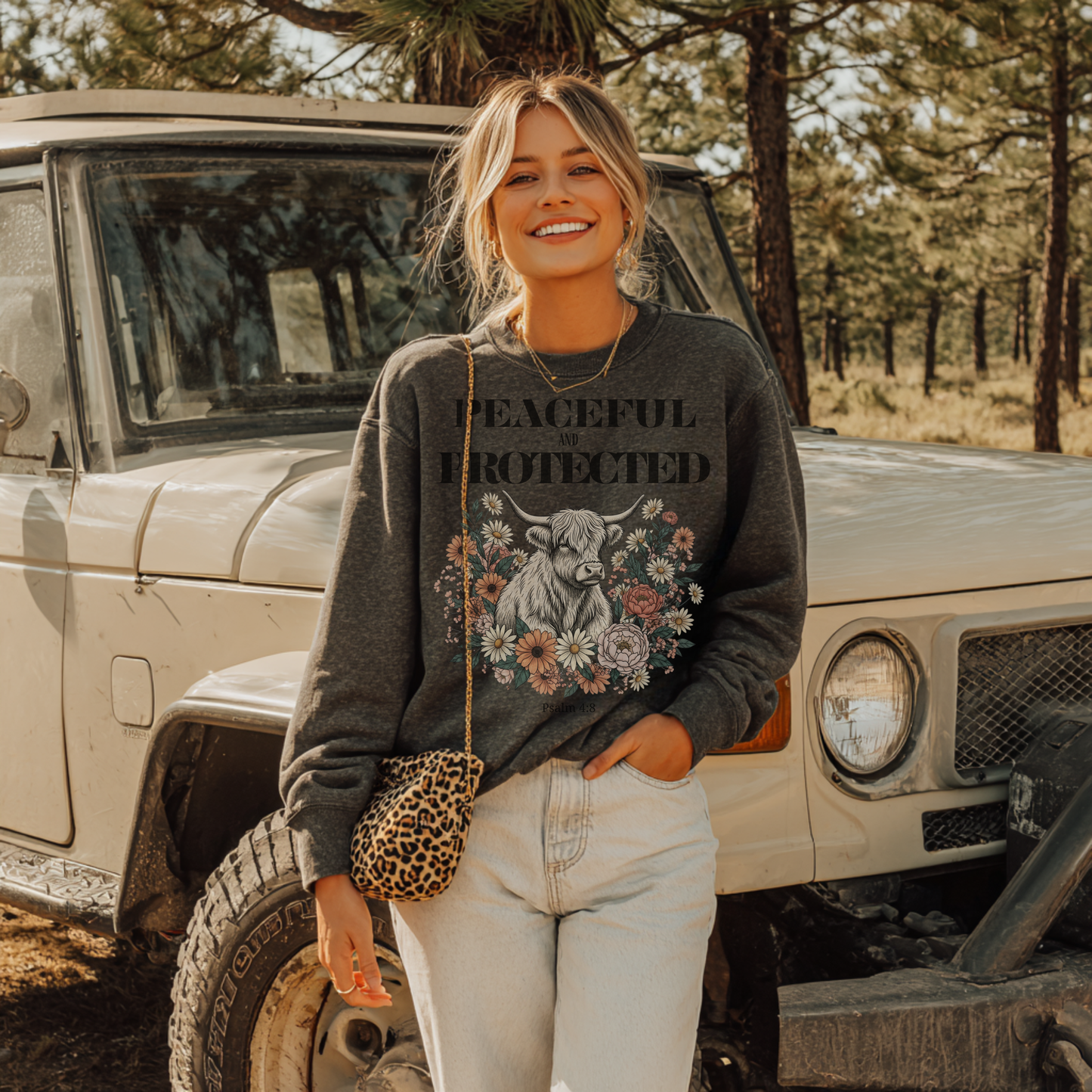 Peaceful and Protected Highland Cow Floral Sweatshirt • Psalm 4:8 Christian Crewneck • Western Cow Faith Graphic