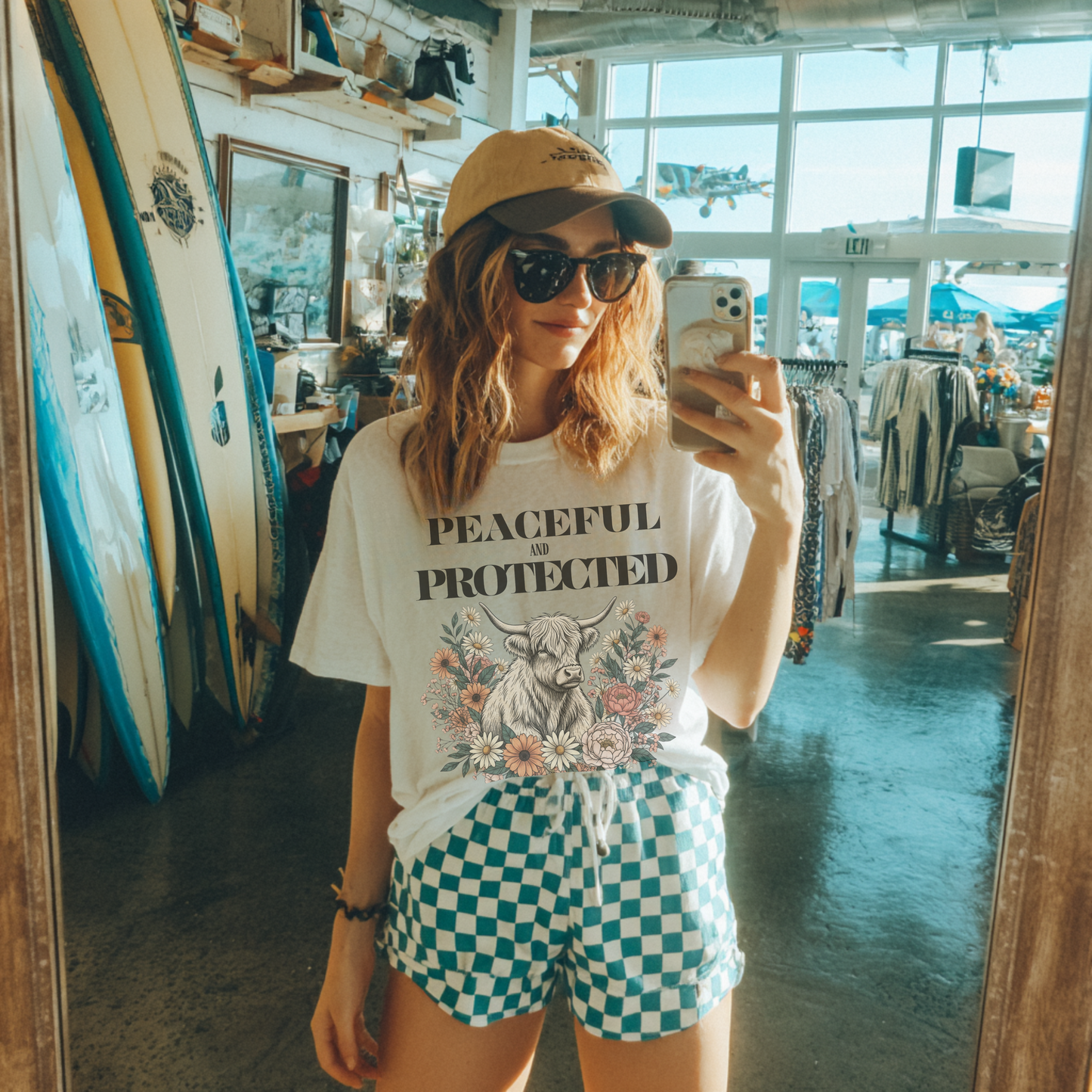 Peaceful and Protected Highland Cow Tee • Psalm 4:8 • Western Floral Faith Shirt