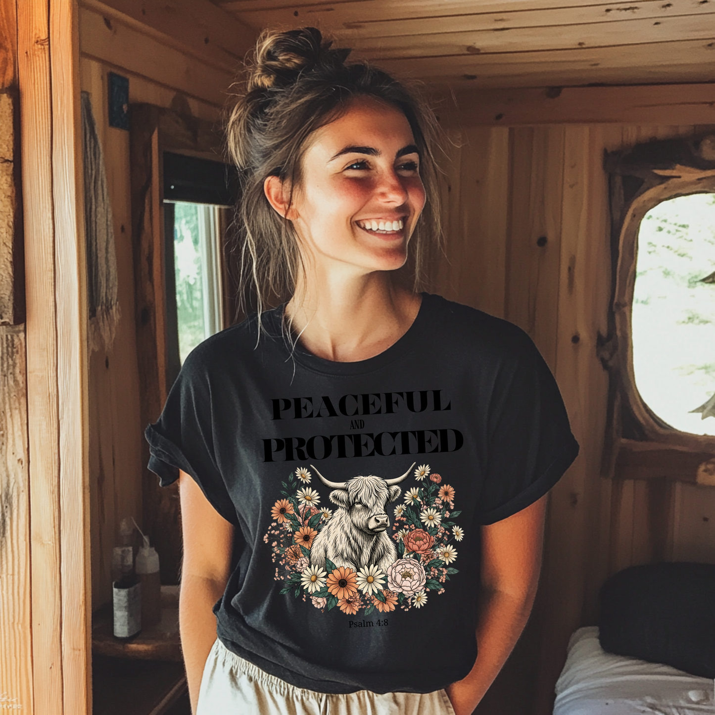 Peaceful and Protected Highland Cow Tee • Psalm 4:8 • Western Floral Faith Shirt