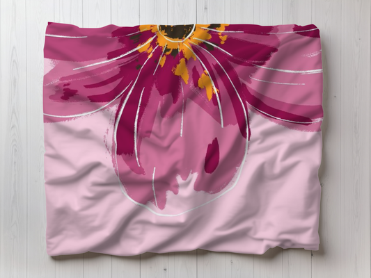 Pink Floral Velveteen Microfiber Blanket — Large Hand-Painted Flower Throw