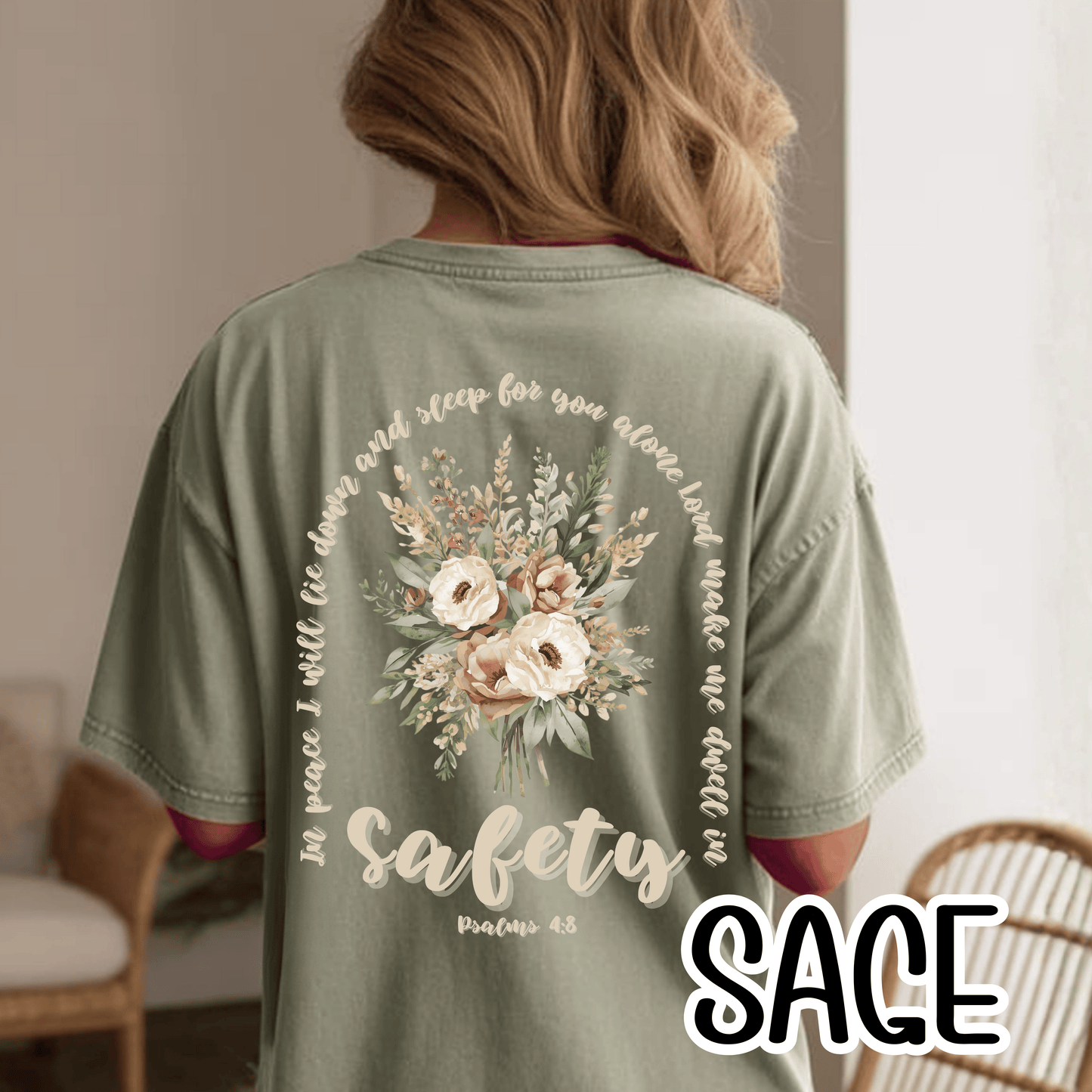 Psalm 4:8 Safety Scripture Comfort Colors Tee • In Peace I Will Lie Down Floral Graphic Artwork • Neutral Christian Bible Verse Tshirt