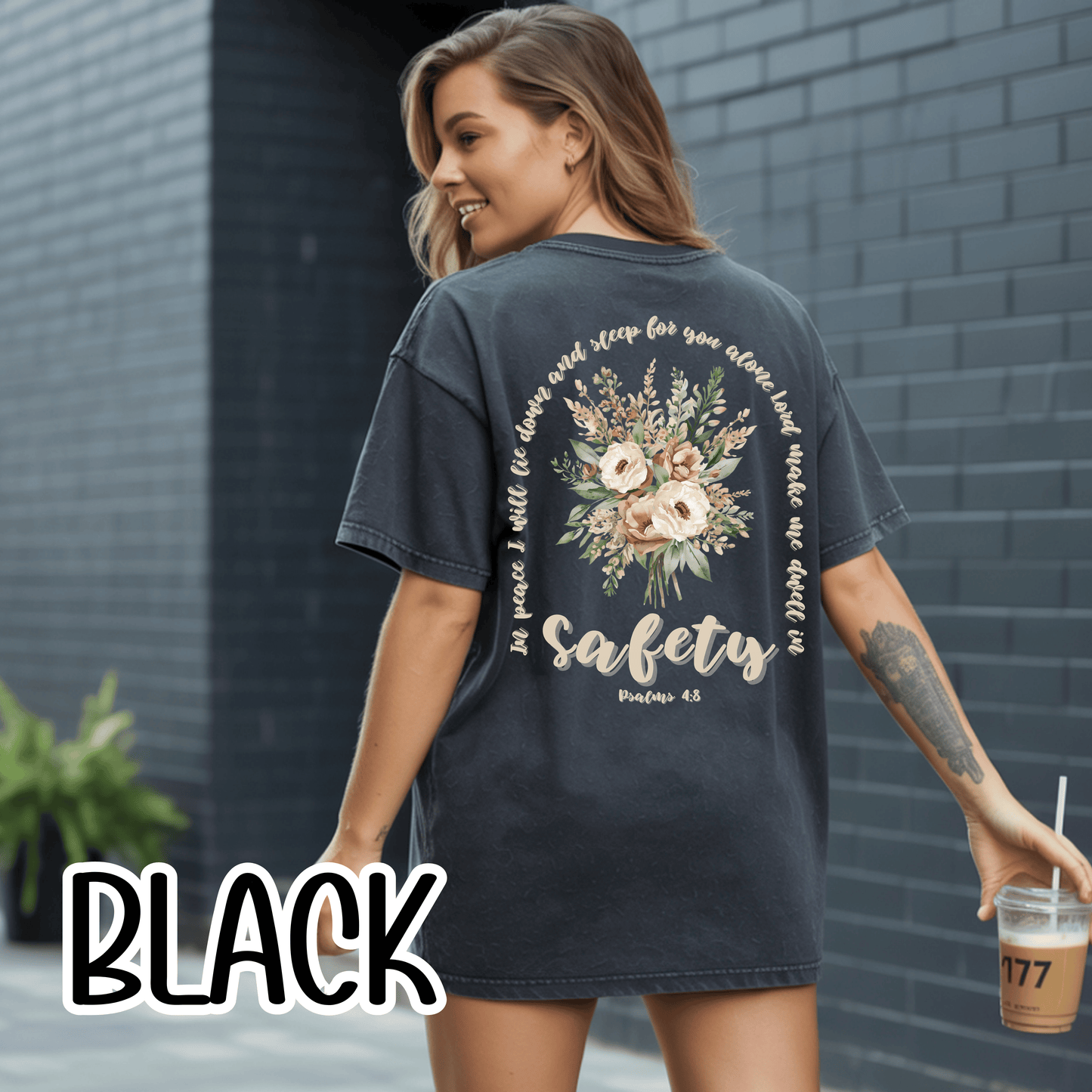 Psalm 4:8 Safety Scripture Comfort Colors Tee • In Peace I Will Lie Down Floral Graphic Artwork • Neutral Christian Bible Verse Tshirt