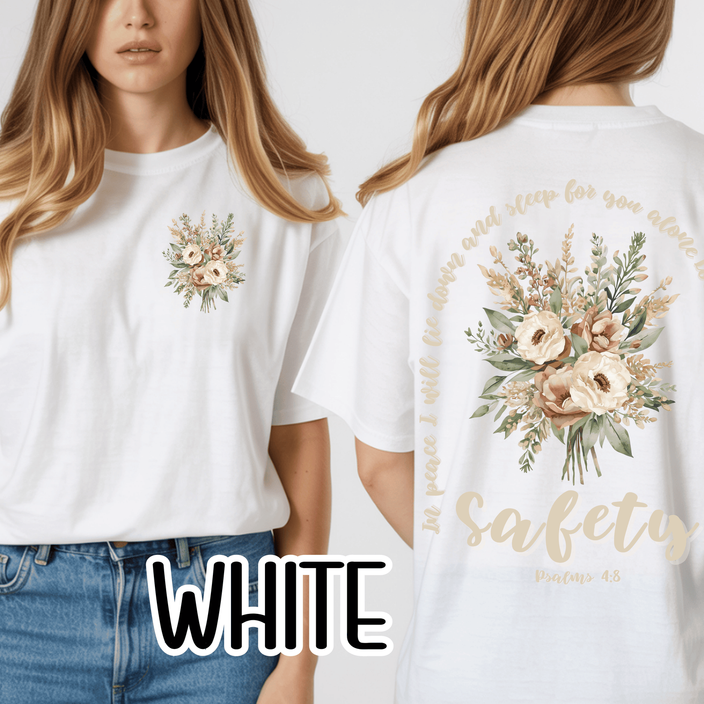 Psalm 4:8 Safety Scripture Comfort Colors Tee • In Peace I Will Lie Down Floral Graphic Artwork • Neutral Christian Bible Verse Tshirt