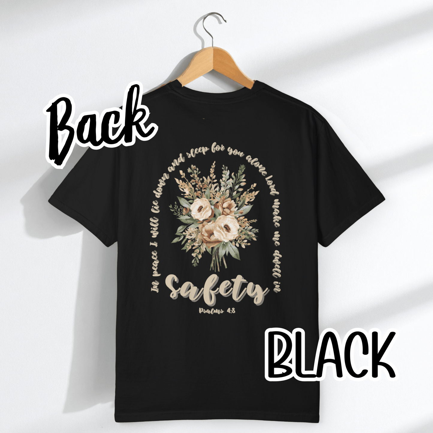 Psalm 4:8 Safety Scripture Comfort Colors Tee • In Peace I Will Lie Down Floral Graphic Artwork • Neutral Christian Bible Verse Tshirt