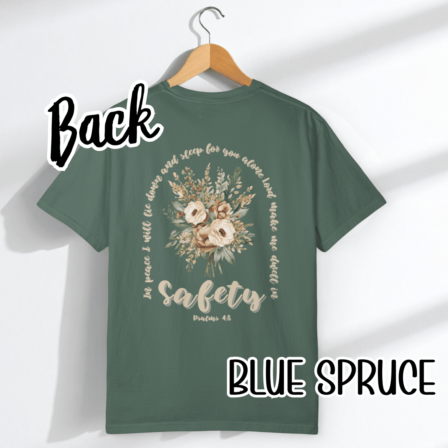Psalm 4:8 Safety Scripture Comfort Colors Tee • In Peace I Will Lie Down Floral Graphic Artwork • Neutral Christian Bible Verse Tshirt