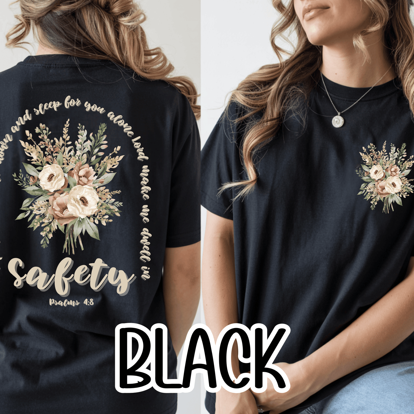 Psalm 4:8 Safety Scripture Comfort Colors Tee • In Peace I Will Lie Down Floral Graphic Artwork • Neutral Christian Bible Verse Tshirt