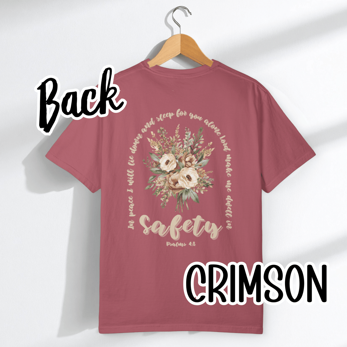 Psalm 4:8 Safety Scripture Comfort Colors Tee • In Peace I Will Lie Down Floral Graphic Artwork • Neutral Christian Bible Verse Tshirt