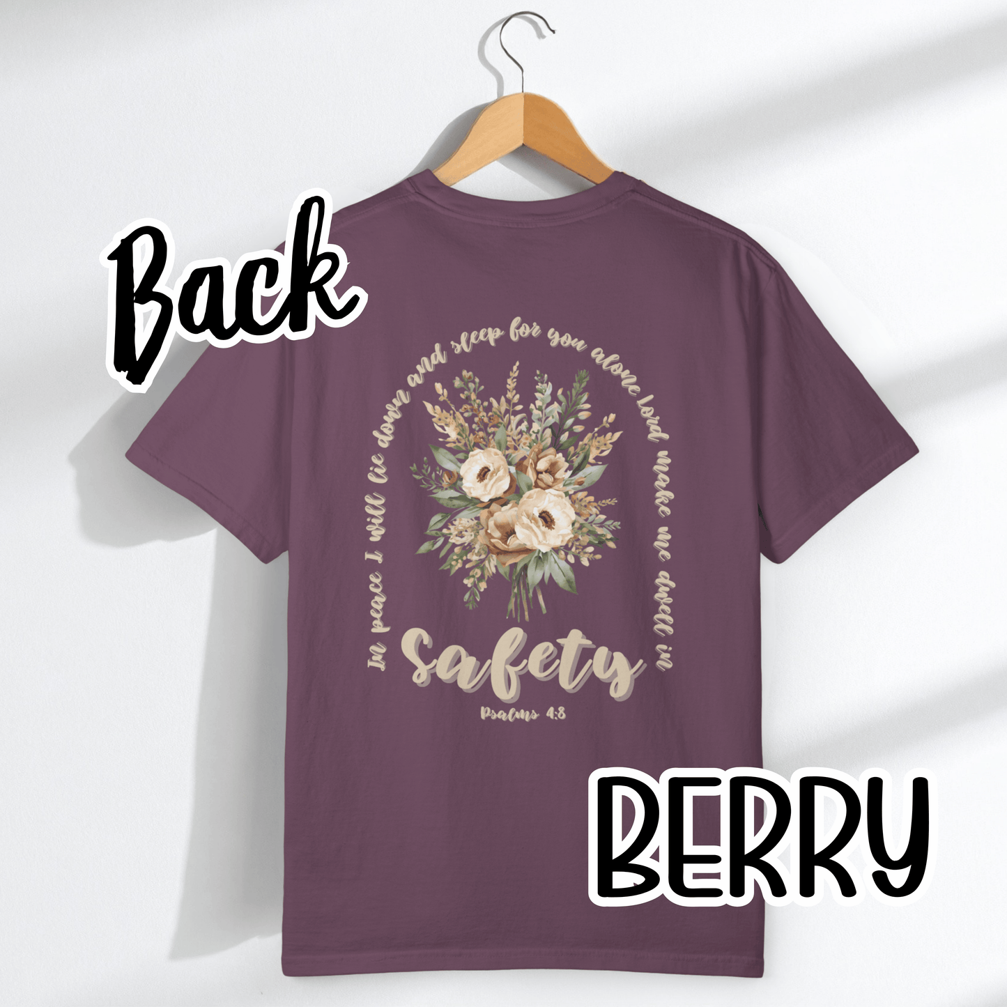 Psalm 4:8 Safety Scripture Comfort Colors Tee • In Peace I Will Lie Down Floral Graphic Artwork • Neutral Christian Bible Verse Tshirt