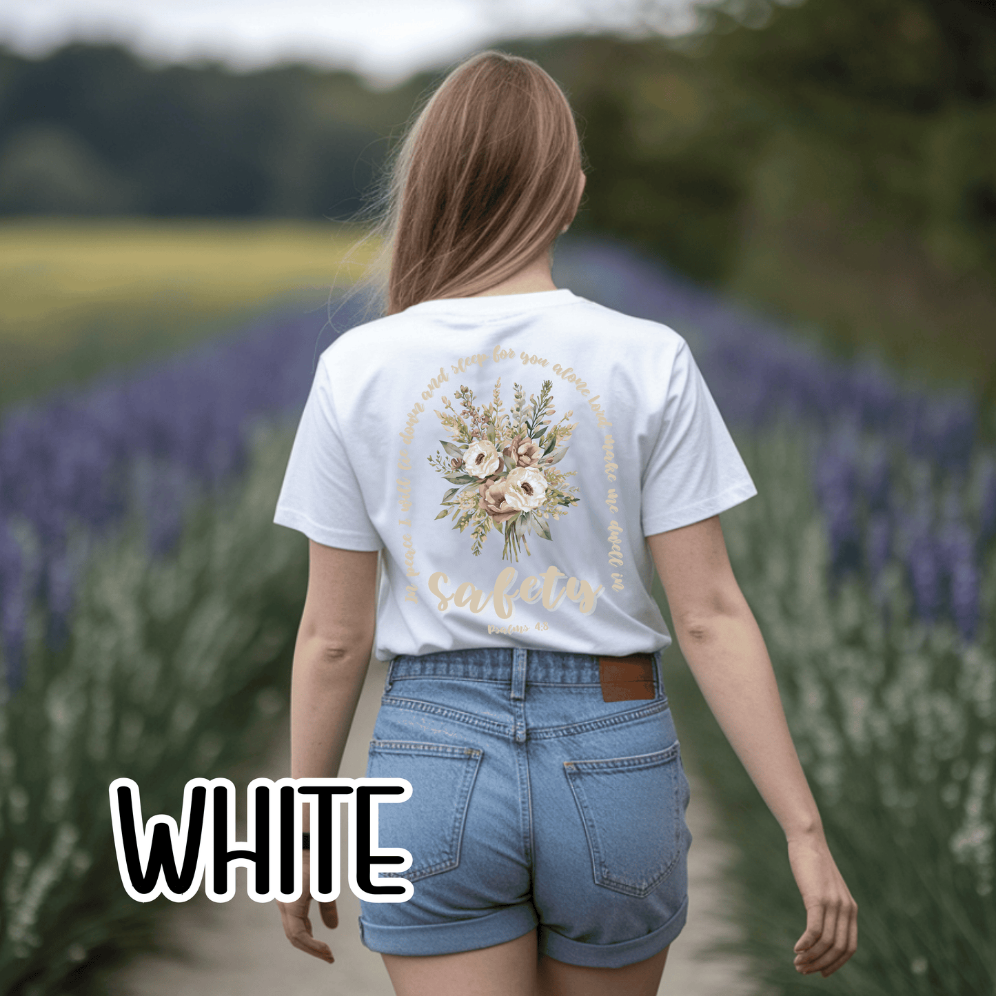 Psalm 4:8 Safety Scripture Comfort Colors Tee • In Peace I Will Lie Down Floral Graphic Artwork • Neutral Christian Bible Verse Tshirt