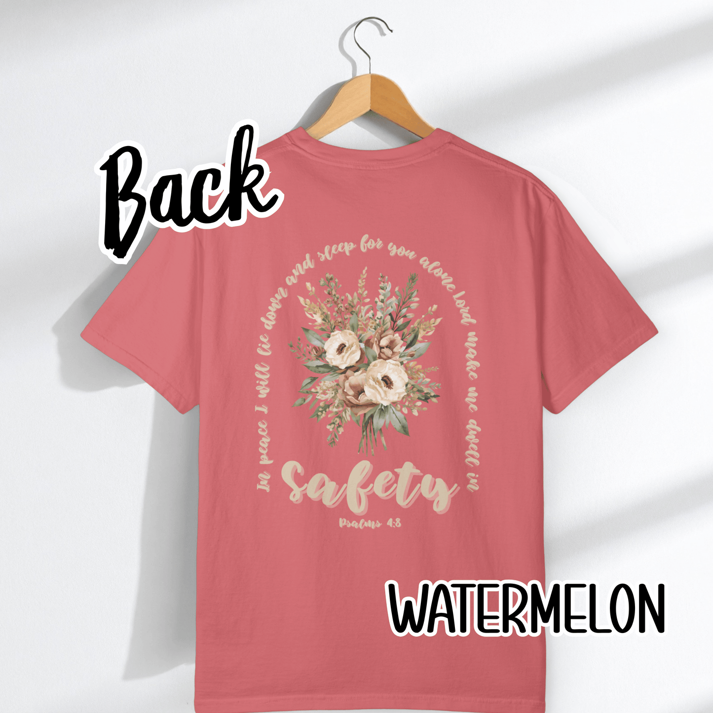 Psalm 4:8 Safety Scripture Comfort Colors Tee • In Peace I Will Lie Down Floral Graphic Artwork • Neutral Christian Bible Verse Tshirt