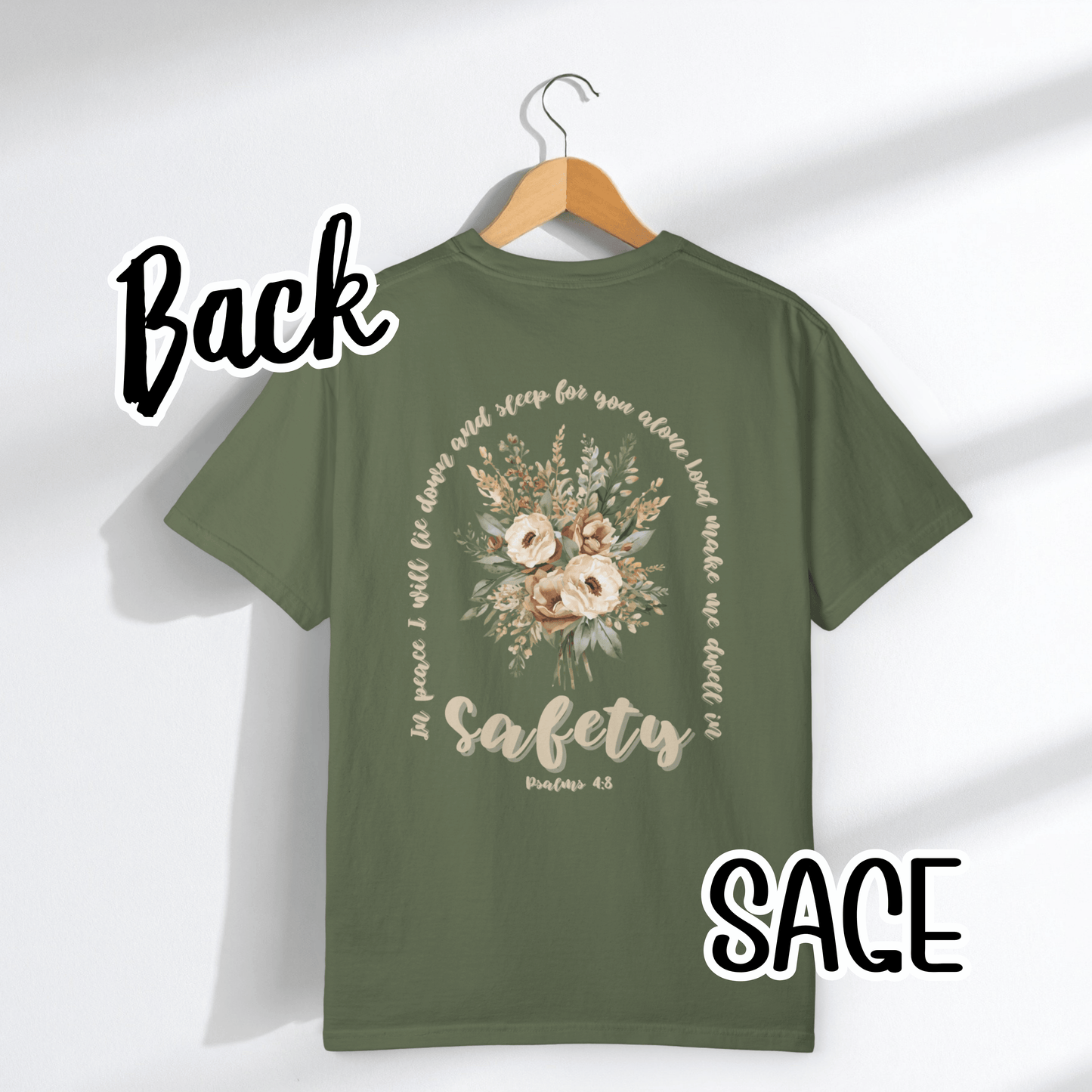 Psalm 4:8 Safety Scripture Comfort Colors Tee • In Peace I Will Lie Down Floral Graphic Artwork • Neutral Christian Bible Verse Tshirt