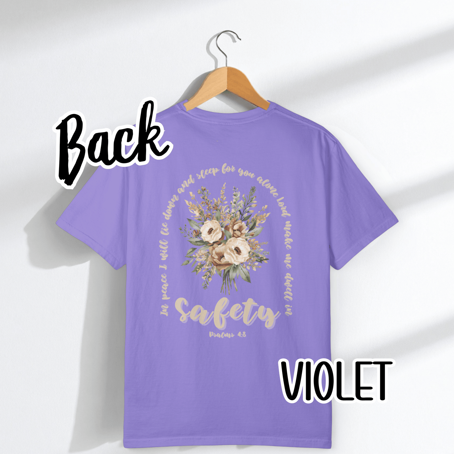 Psalm 4:8 Safety Scripture Comfort Colors Tee • In Peace I Will Lie Down Floral Graphic Artwork • Neutral Christian Bible Verse Tshirt