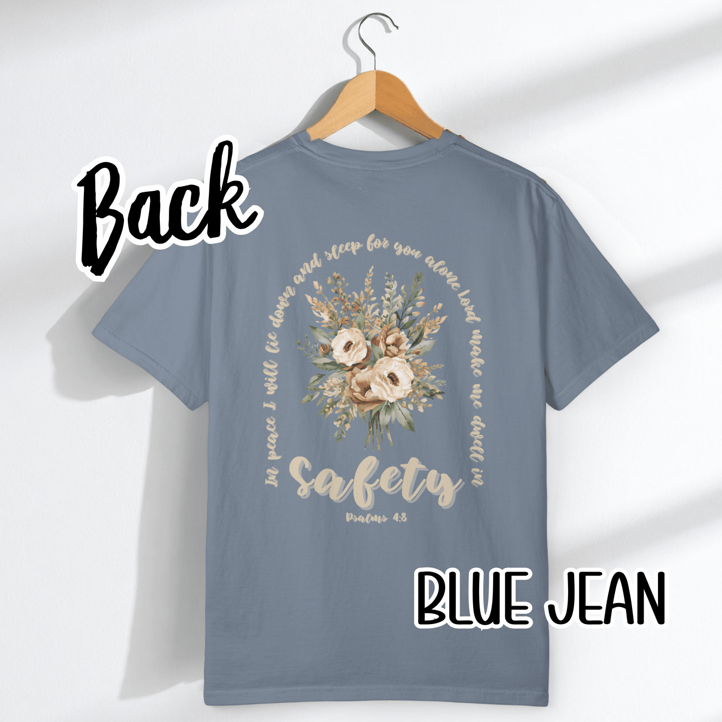 Psalm 4:8 Safety Scripture Comfort Colors Tee • In Peace I Will Lie Down Floral Graphic Artwork • Neutral Christian Bible Verse Tshirt