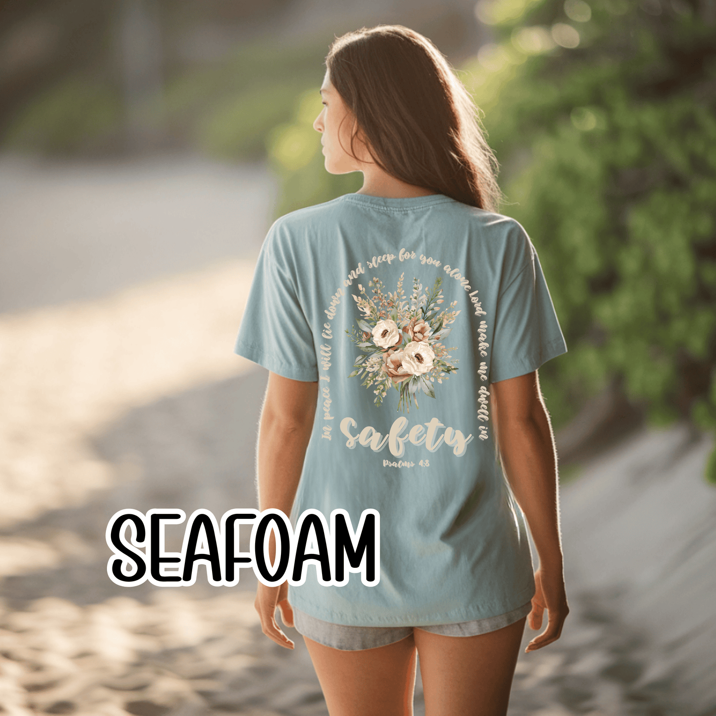 Psalm 4:8 Safety Scripture Comfort Colors Tee • In Peace I Will Lie Down Floral Graphic Artwork • Neutral Christian Bible Verse Tshirt