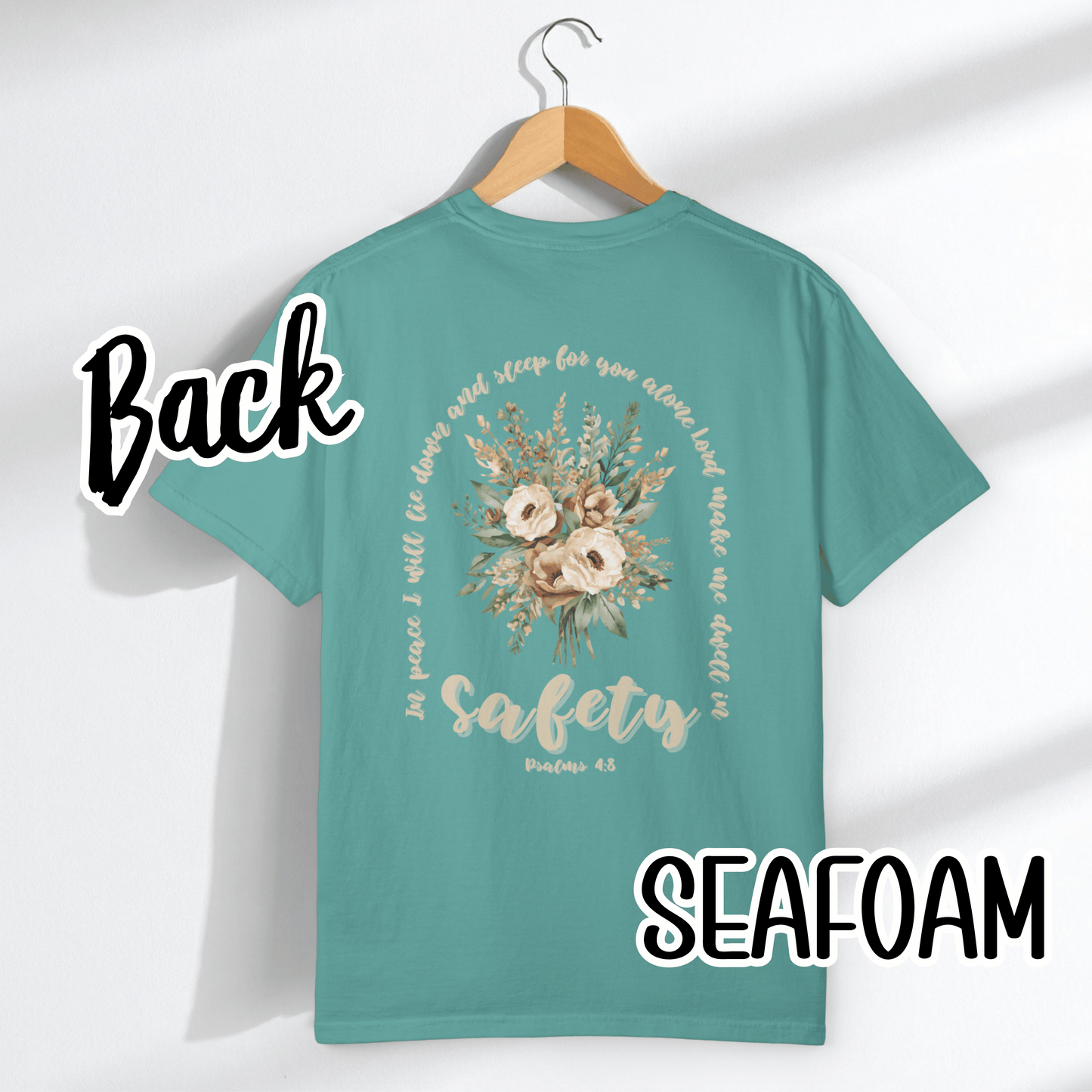 Psalm 4:8 Safety Scripture Comfort Colors Tee • In Peace I Will Lie Down Floral Graphic Artwork • Neutral Christian Bible Verse Tshirt