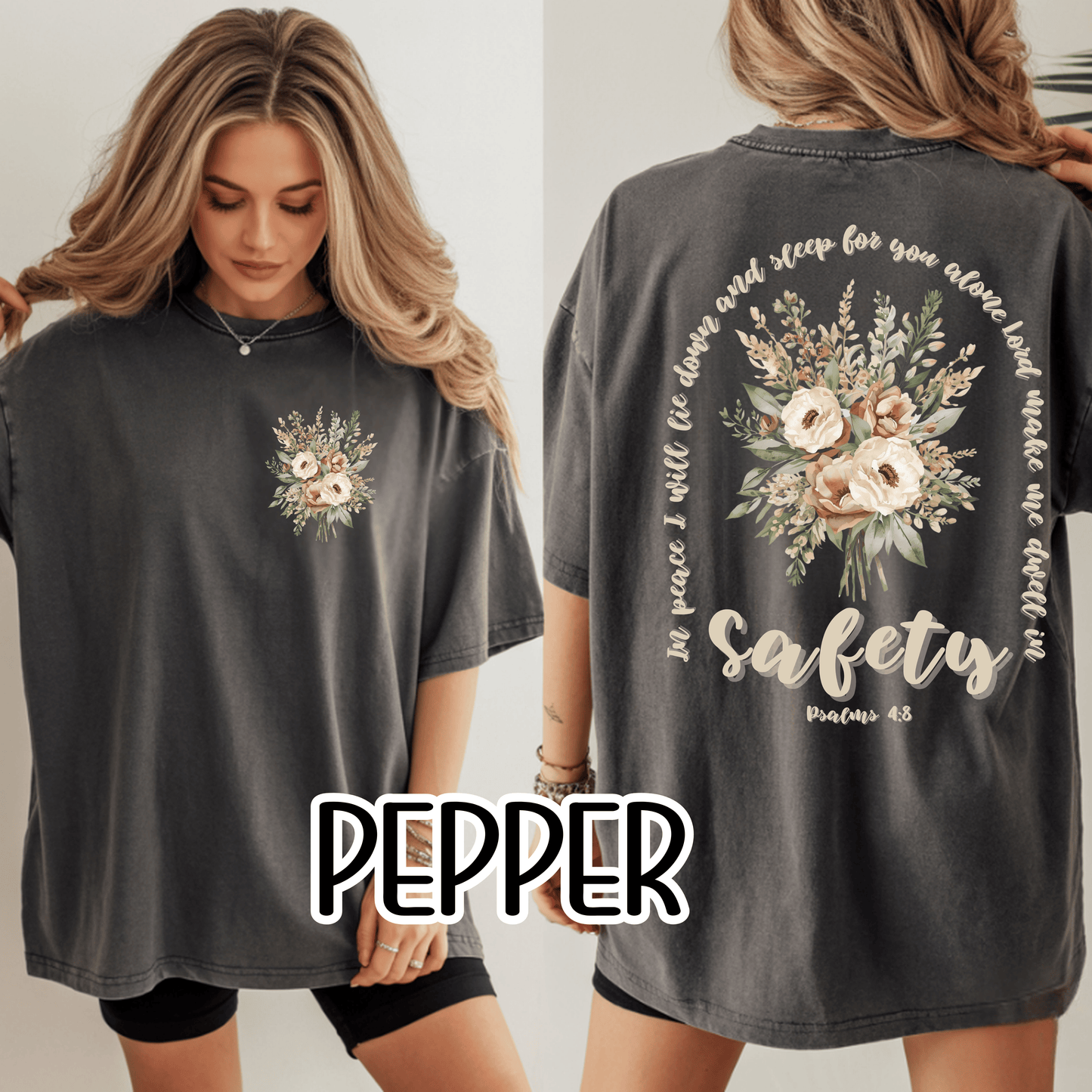 Psalm 4:8 Safety Scripture Comfort Colors Tee • In Peace I Will Lie Down Floral Graphic Artwork • Neutral Christian Bible Verse Tshirt