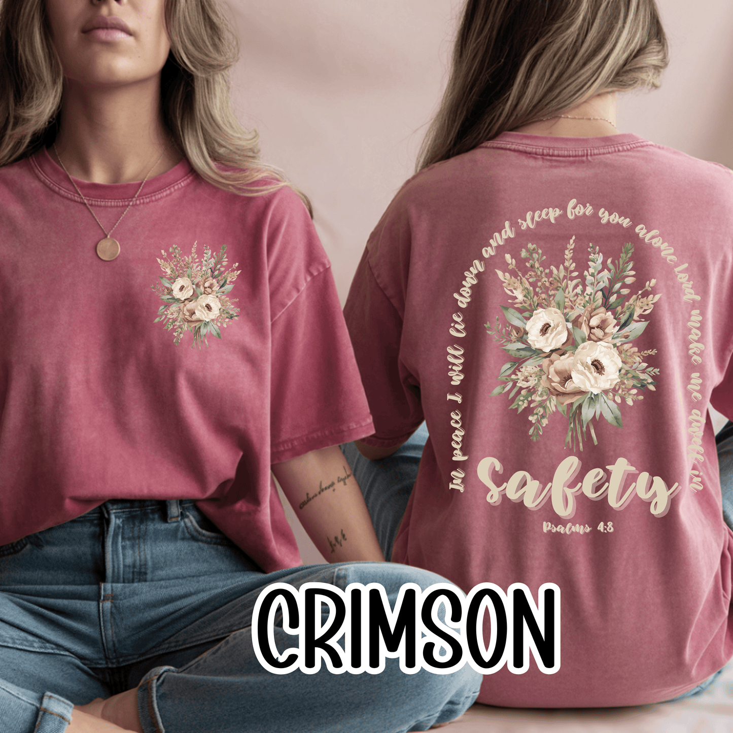 Psalm 4:8 Safety Scripture Comfort Colors Tee • In Peace I Will Lie Down Floral Graphic Artwork • Neutral Christian Bible Verse Tshirt