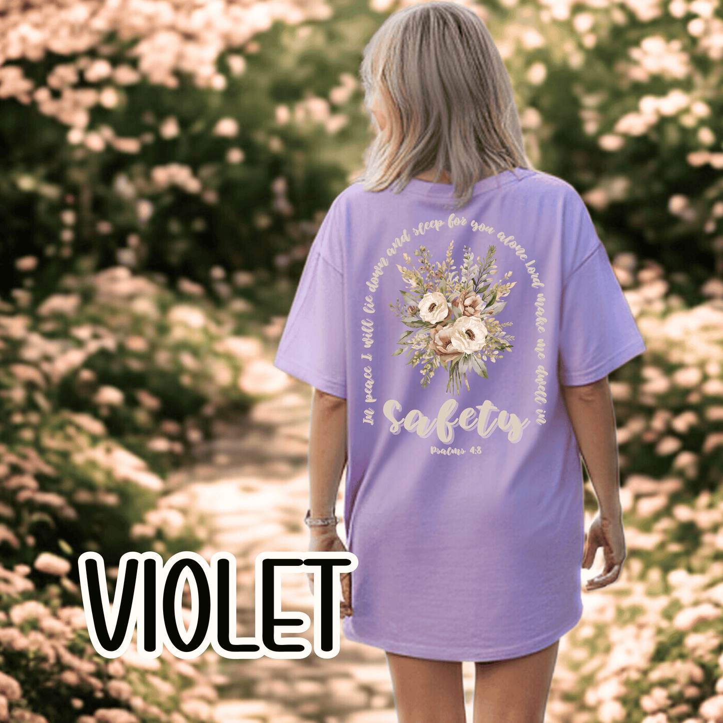 Psalm 4:8 Safety Scripture Comfort Colors Tee • In Peace I Will Lie Down Floral Graphic Artwork • Neutral Christian Bible Verse Tshirt