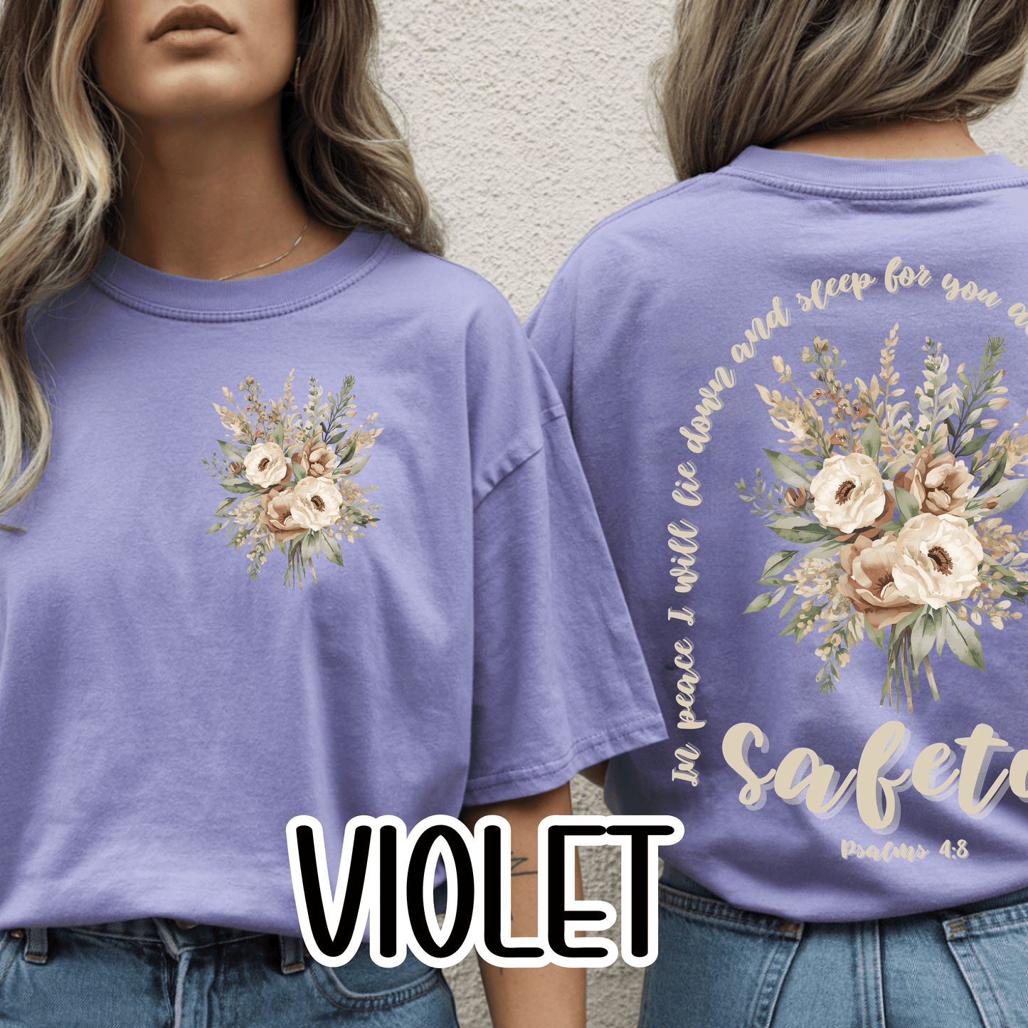Psalm 4:8 Safety Scripture Comfort Colors Tee • In Peace I Will Lie Down Floral Graphic Artwork • Neutral Christian Bible Verse Tshirt