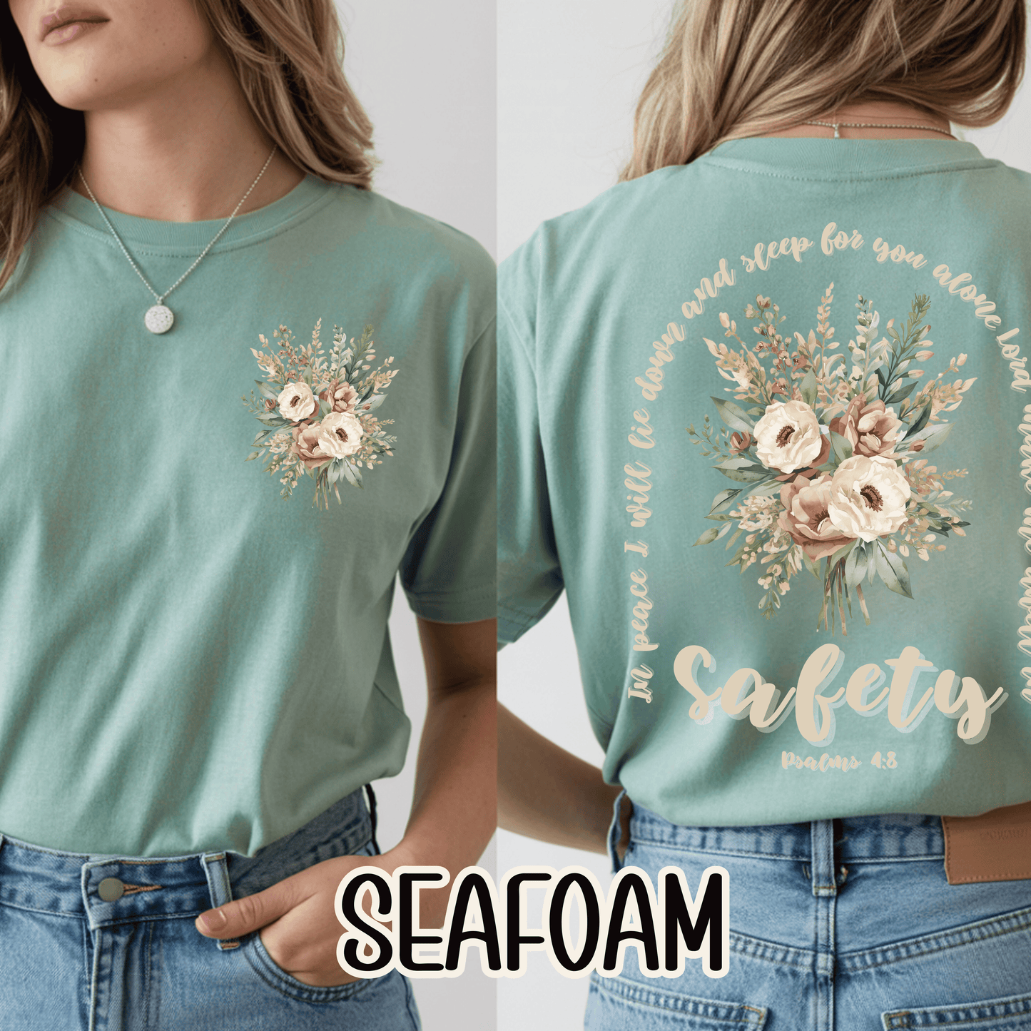 Psalm 4:8 Safety Scripture Comfort Colors Tee • In Peace I Will Lie Down Floral Graphic Artwork • Neutral Christian Bible Verse Tshirt