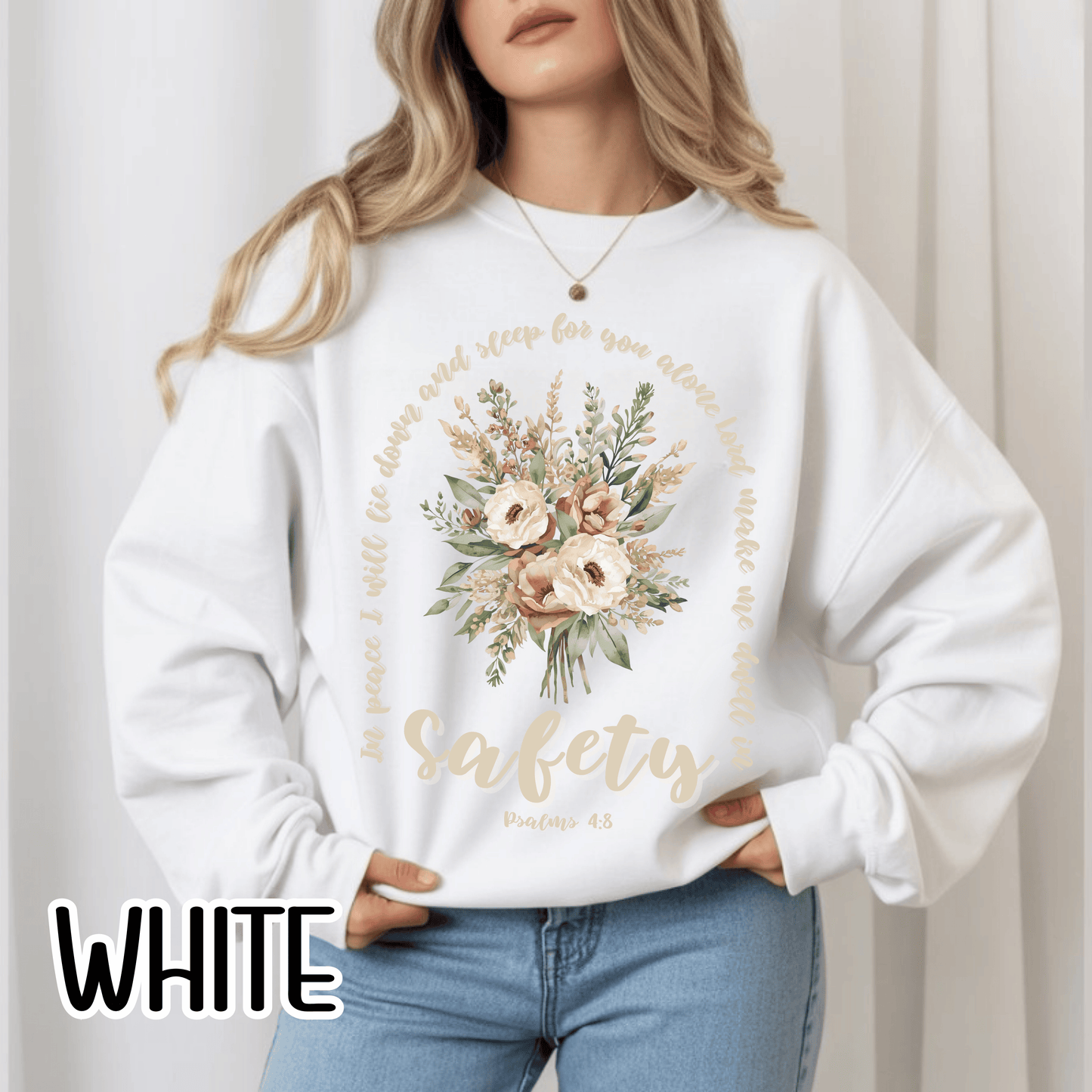 Psalm 4:8 Safety Scripture Sweatshirt • In Peace I Will Lie Down Floral Graphic Artwork • Neutral Christian Bible Verse Crewneck