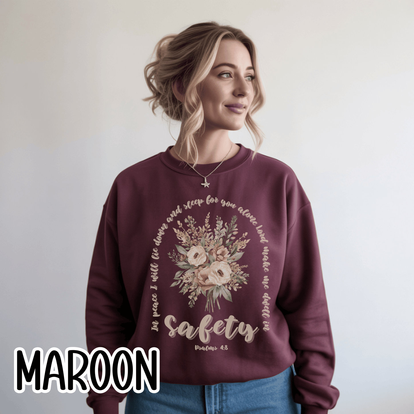 Psalm 4:8 Safety Scripture Sweatshirt • In Peace I Will Lie Down Floral Graphic Artwork • Neutral Christian Bible Verse Crewneck