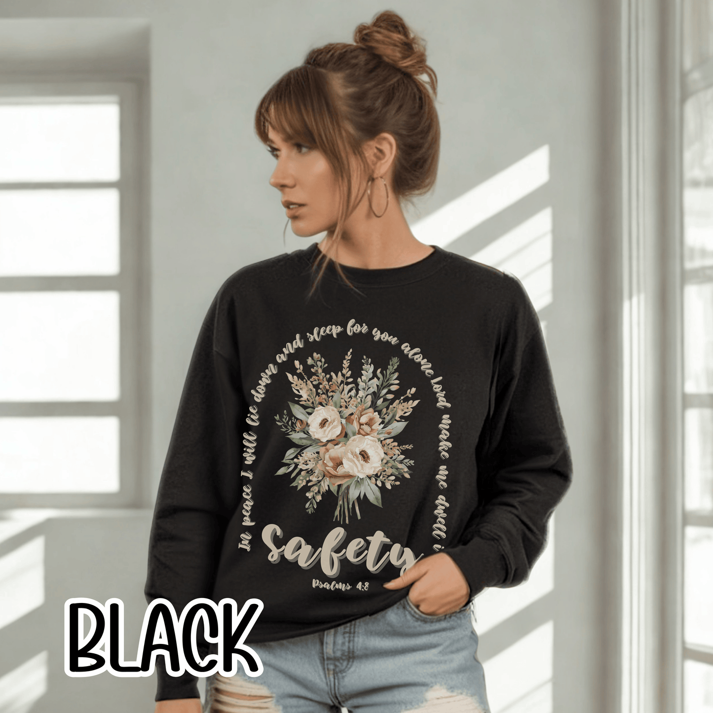 Psalm 4:8 Safety Scripture Sweatshirt • In Peace I Will Lie Down Floral Graphic Artwork • Neutral Christian Bible Verse Crewneck