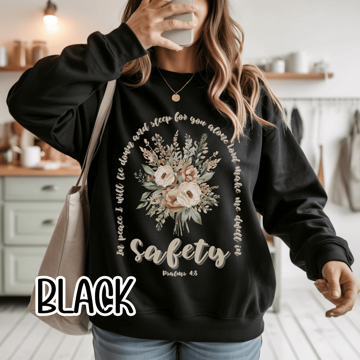 Psalm 4:8 Safety Scripture Sweatshirt • In Peace I Will Lie Down Floral Graphic Artwork • Neutral Christian Bible Verse Crewneck