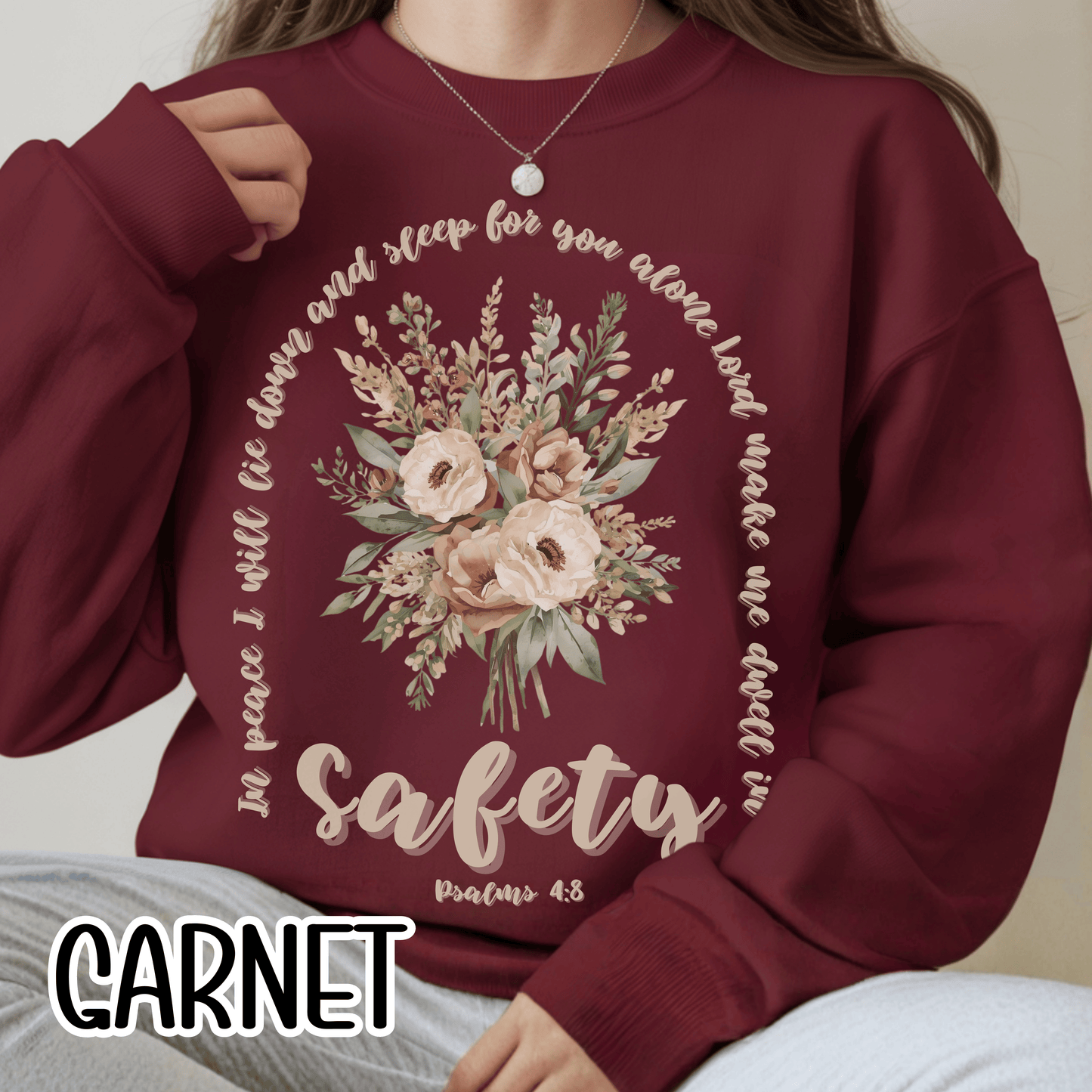 Psalm 4:8 Safety Scripture Sweatshirt • In Peace I Will Lie Down Floral Graphic Artwork • Neutral Christian Bible Verse Crewneck