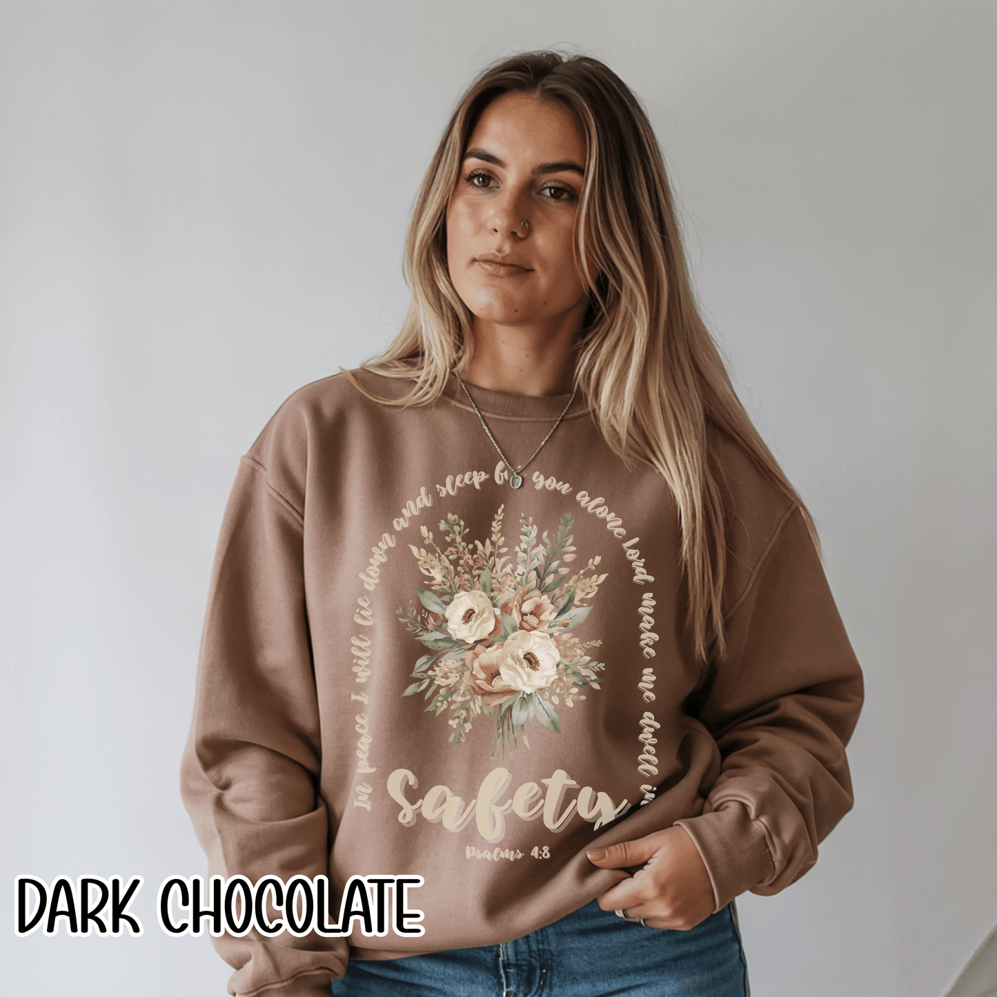 Psalm 4:8 Safety Scripture Sweatshirt • In Peace I Will Lie Down Floral Graphic Artwork • Neutral Christian Bible Verse Crewneck