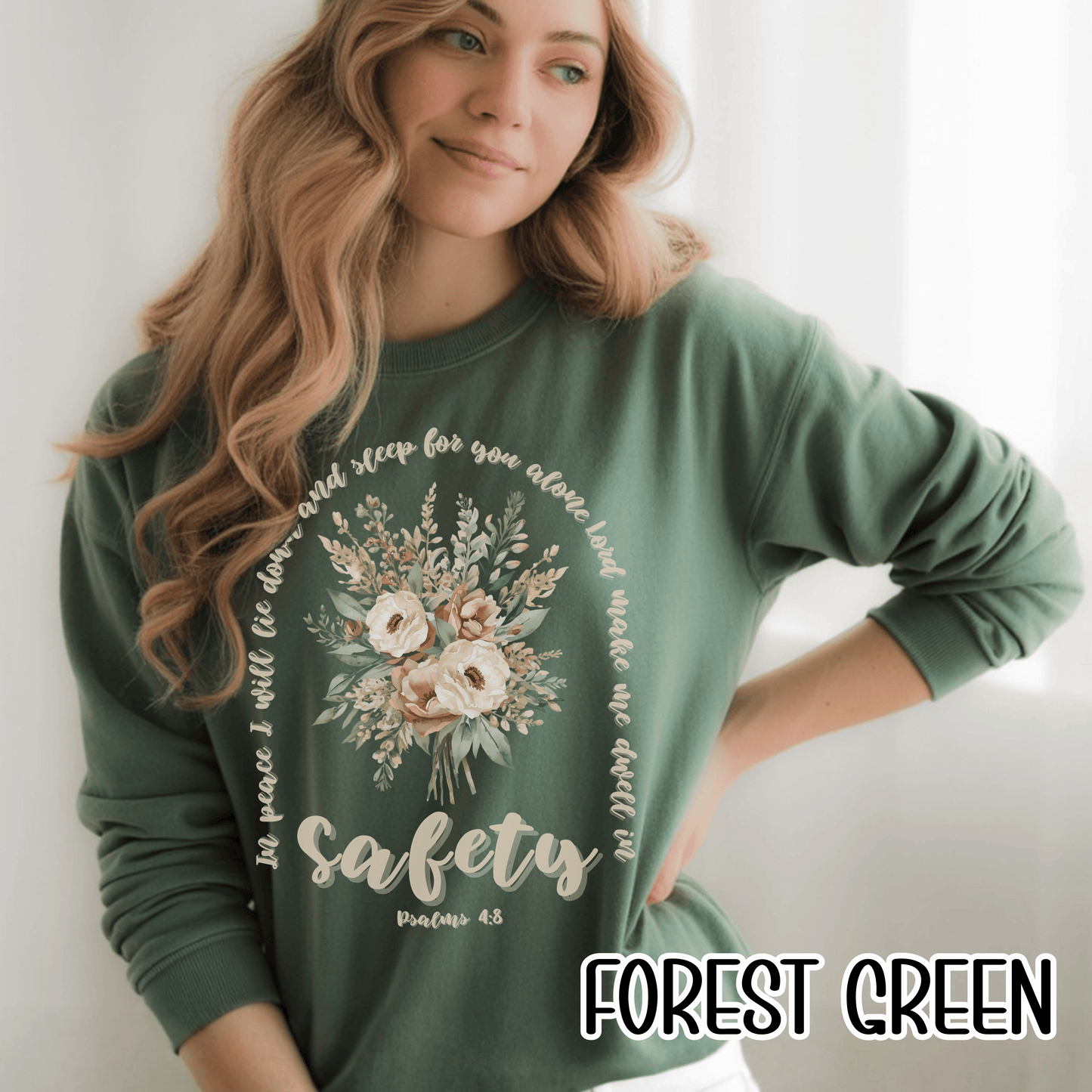 Psalm 4:8 Safety Scripture Sweatshirt • In Peace I Will Lie Down Floral Graphic Artwork • Neutral Christian Bible Verse Crewneck