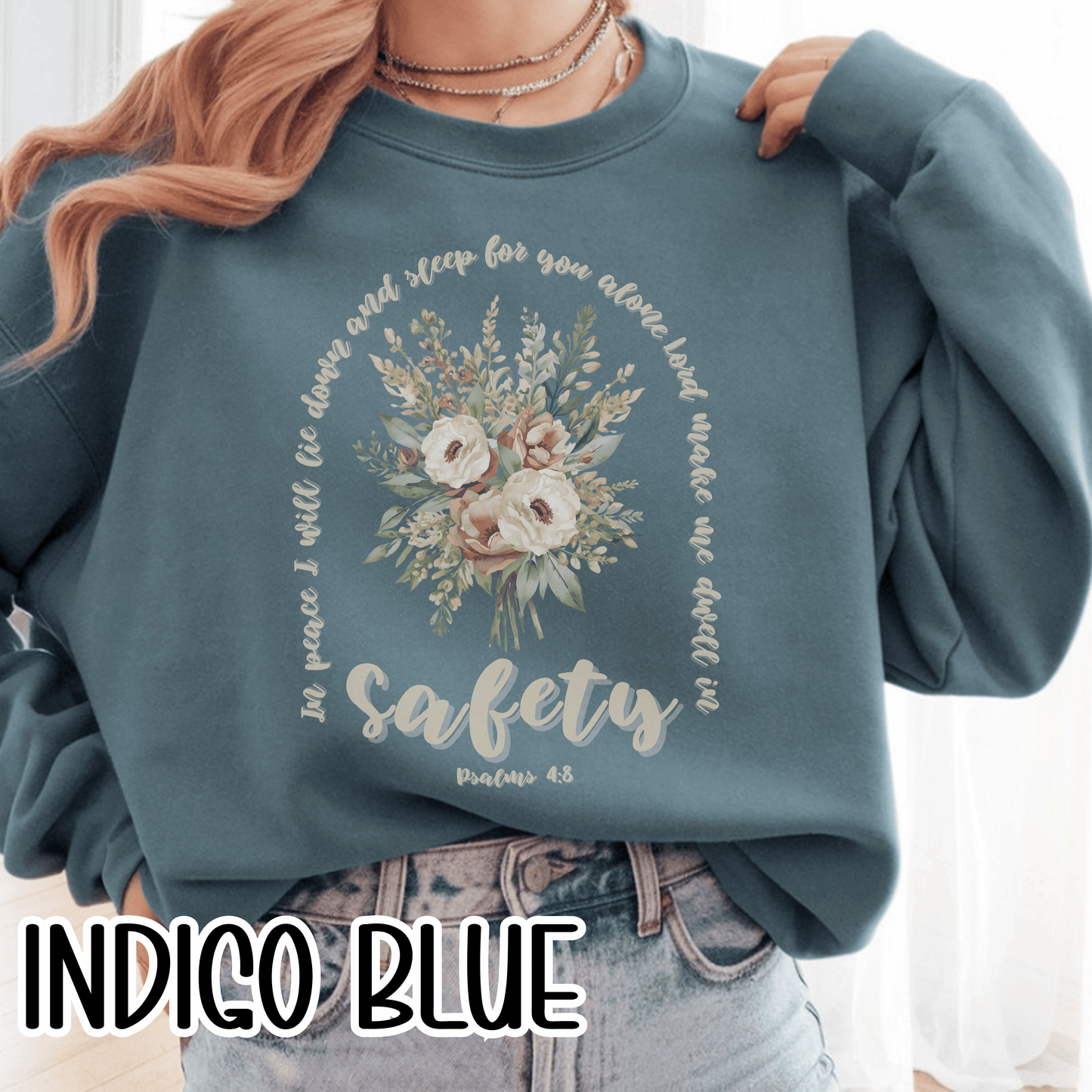 Psalm 4:8 Safety Scripture Sweatshirt • In Peace I Will Lie Down Floral Graphic Artwork • Neutral Christian Bible Verse Crewneck