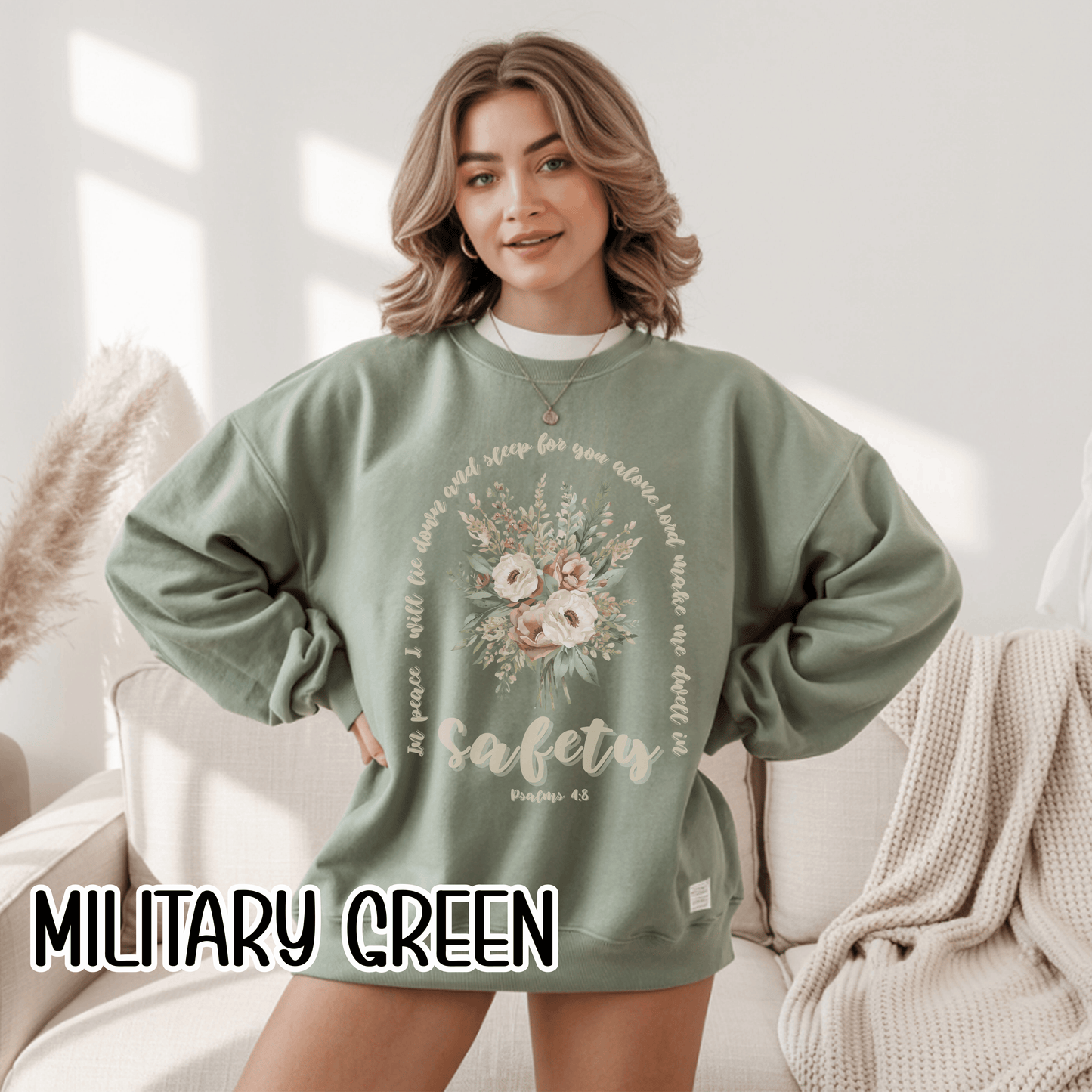 Psalm 4:8 Safety Scripture Sweatshirt • In Peace I Will Lie Down Floral Graphic Artwork • Neutral Christian Bible Verse Crewneck