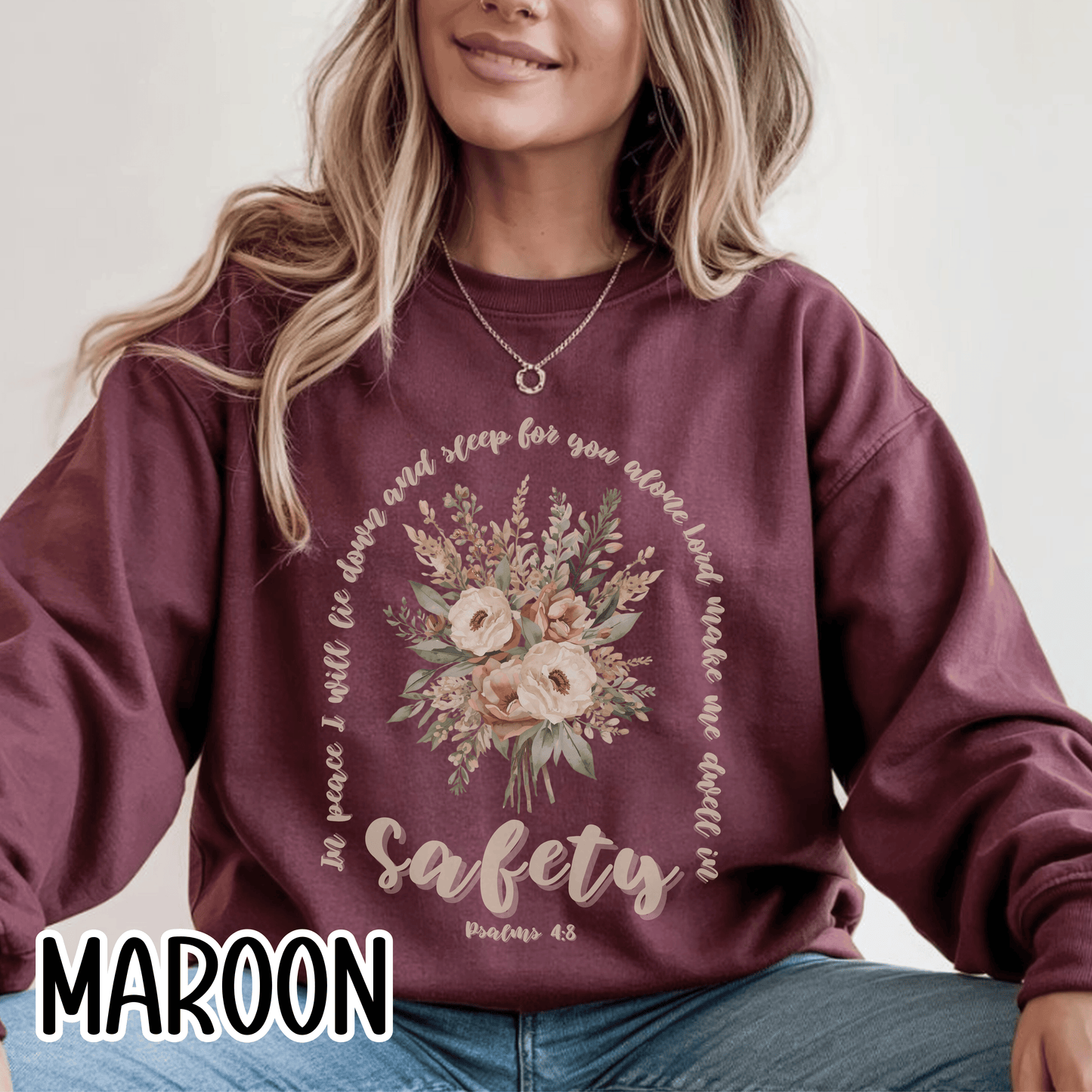 Psalm 4:8 Safety Scripture Sweatshirt • In Peace I Will Lie Down Floral Graphic Artwork • Neutral Christian Bible Verse Crewneck