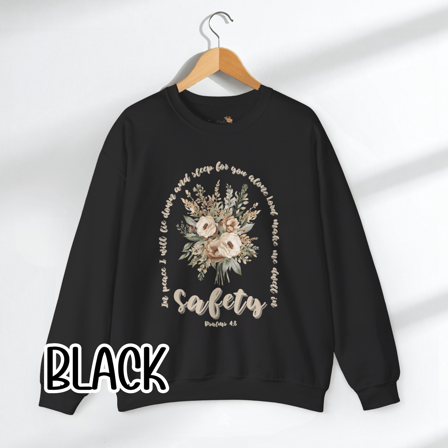 Psalm 4:8 Safety Scripture Sweatshirt • In Peace I Will Lie Down Floral Graphic Artwork • Neutral Christian Bible Verse Crewneck