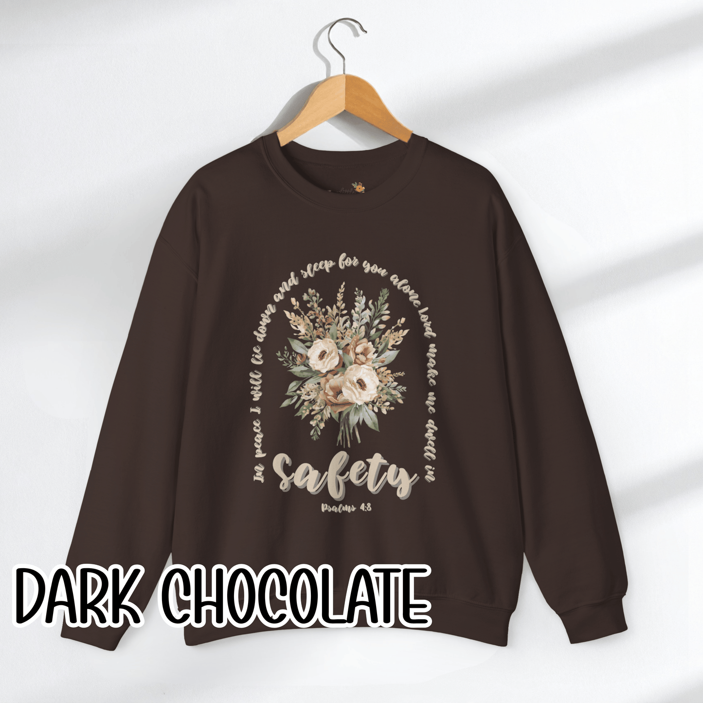 Psalm 4:8 Safety Scripture Sweatshirt • In Peace I Will Lie Down Floral Graphic Artwork • Neutral Christian Bible Verse Crewneck