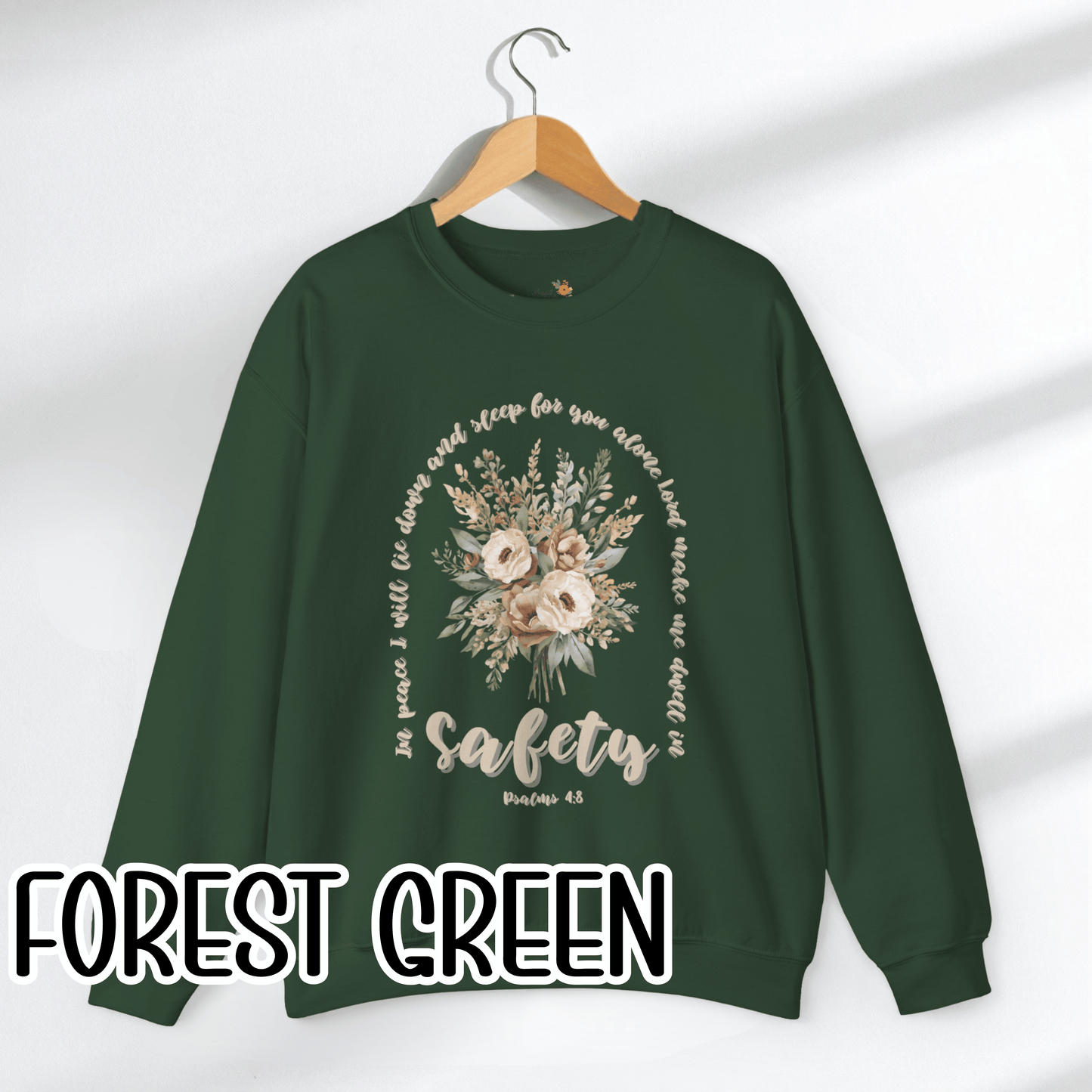 Psalm 4:8 Safety Scripture Sweatshirt • In Peace I Will Lie Down Floral Graphic Artwork • Neutral Christian Bible Verse Crewneck