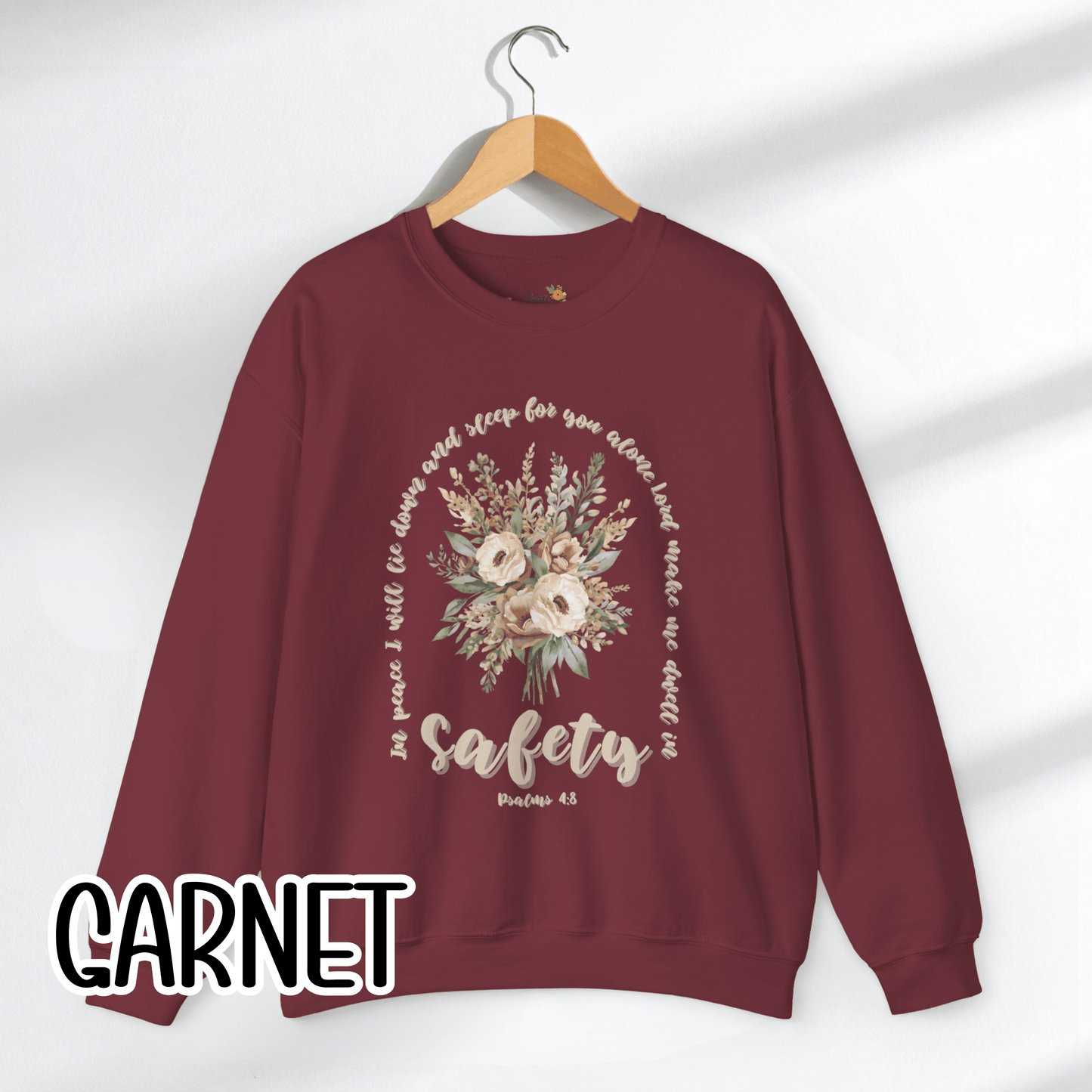 Psalm 4:8 Safety Scripture Sweatshirt • In Peace I Will Lie Down Floral Graphic Artwork • Neutral Christian Bible Verse Crewneck