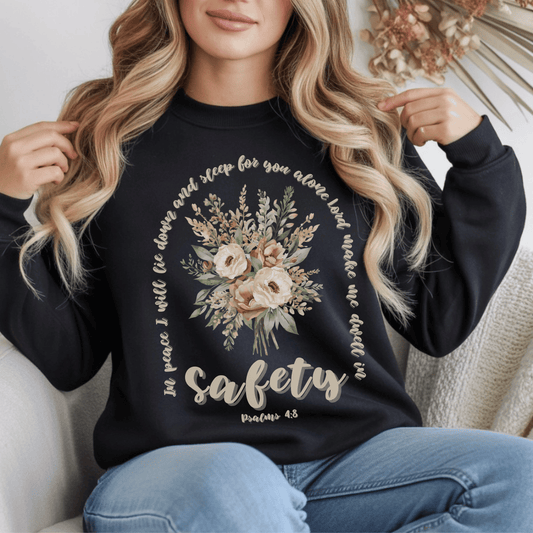 Psalm 4:8 Safety Scripture Sweatshirt • In Peace I Will Lie Down Floral Graphic Artwork • Neutral Christian Bible Verse Crewneck