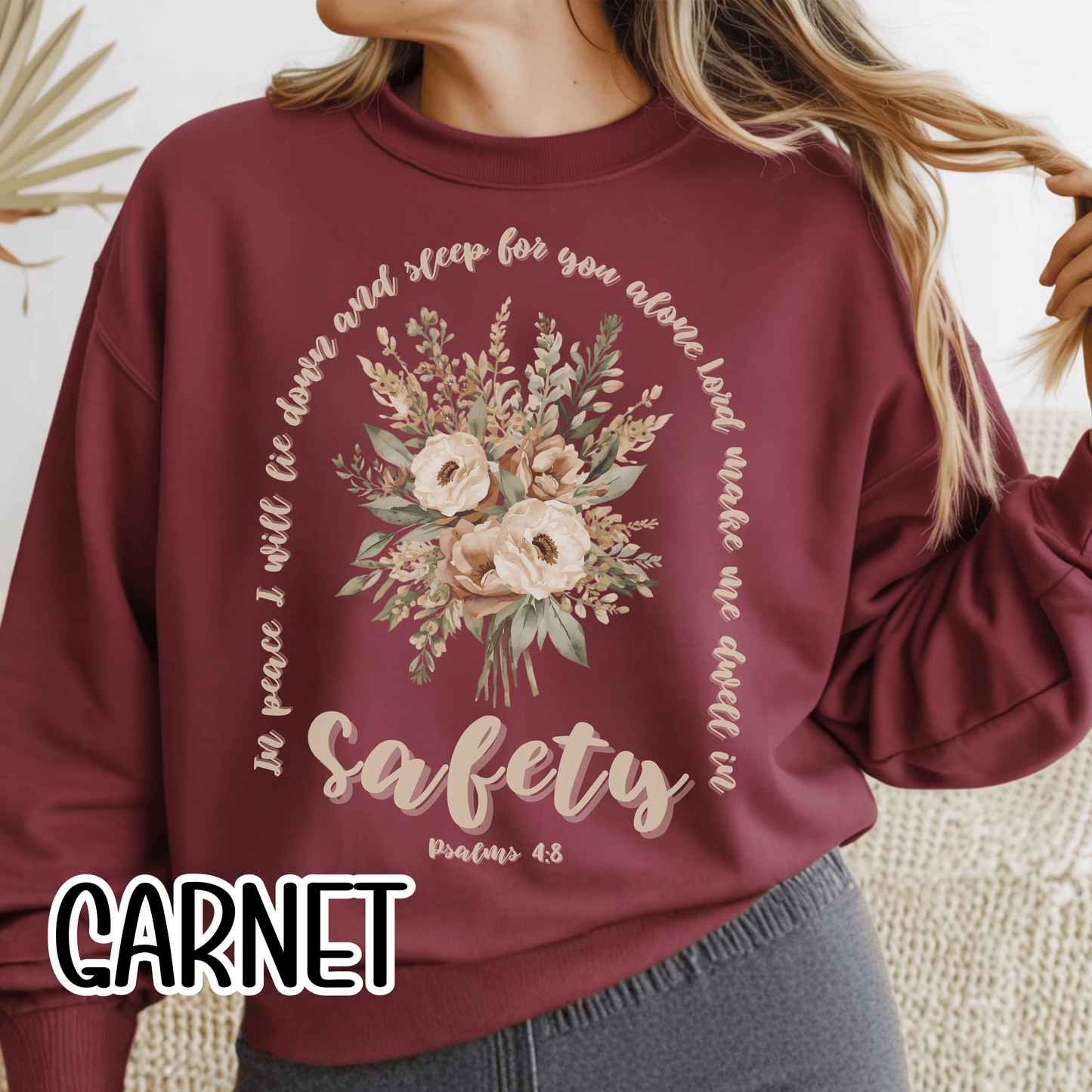 Psalm 4:8 Safety Scripture Sweatshirt • In Peace I Will Lie Down Floral Graphic Artwork • Neutral Christian Bible Verse Crewneck