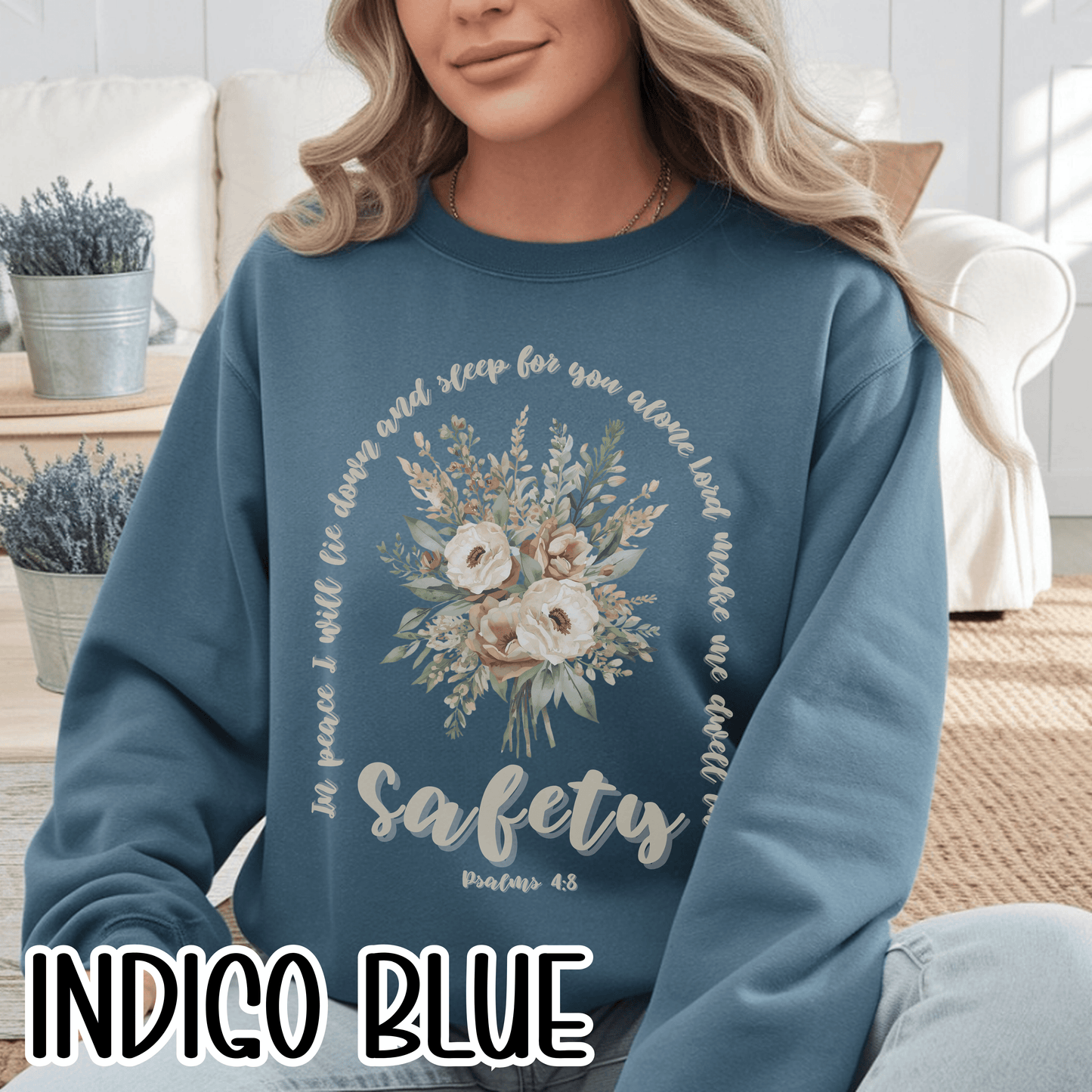 Psalm 4:8 Safety Scripture Sweatshirt • In Peace I Will Lie Down Floral Graphic Artwork • Neutral Christian Bible Verse Crewneck