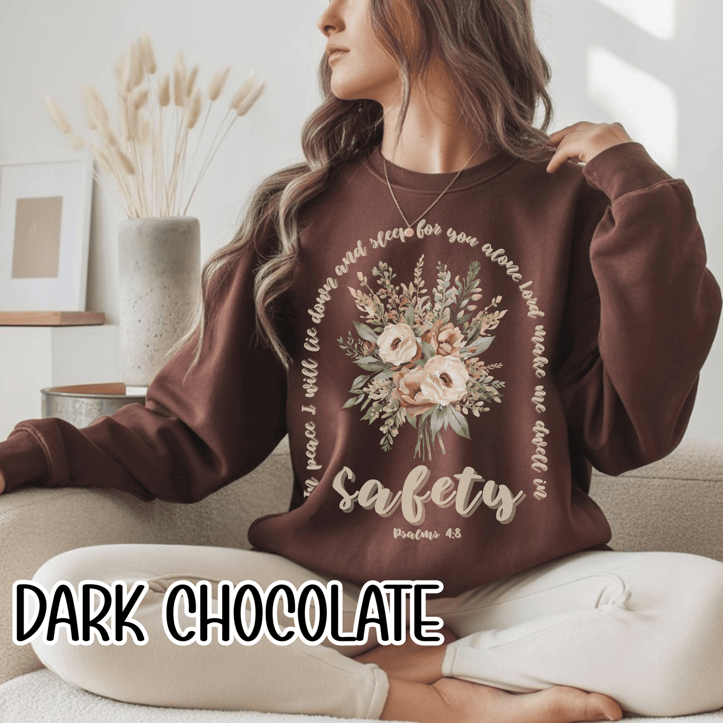 Psalm 4:8 Safety Scripture Sweatshirt • In Peace I Will Lie Down Floral Graphic Artwork • Neutral Christian Bible Verse Crewneck