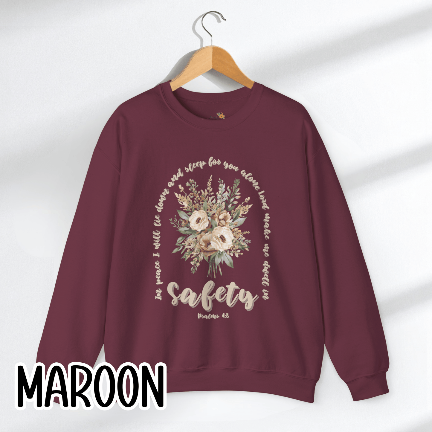 Psalm 4:8 Safety Scripture Sweatshirt • In Peace I Will Lie Down Floral Graphic Artwork • Neutral Christian Bible Verse Crewneck