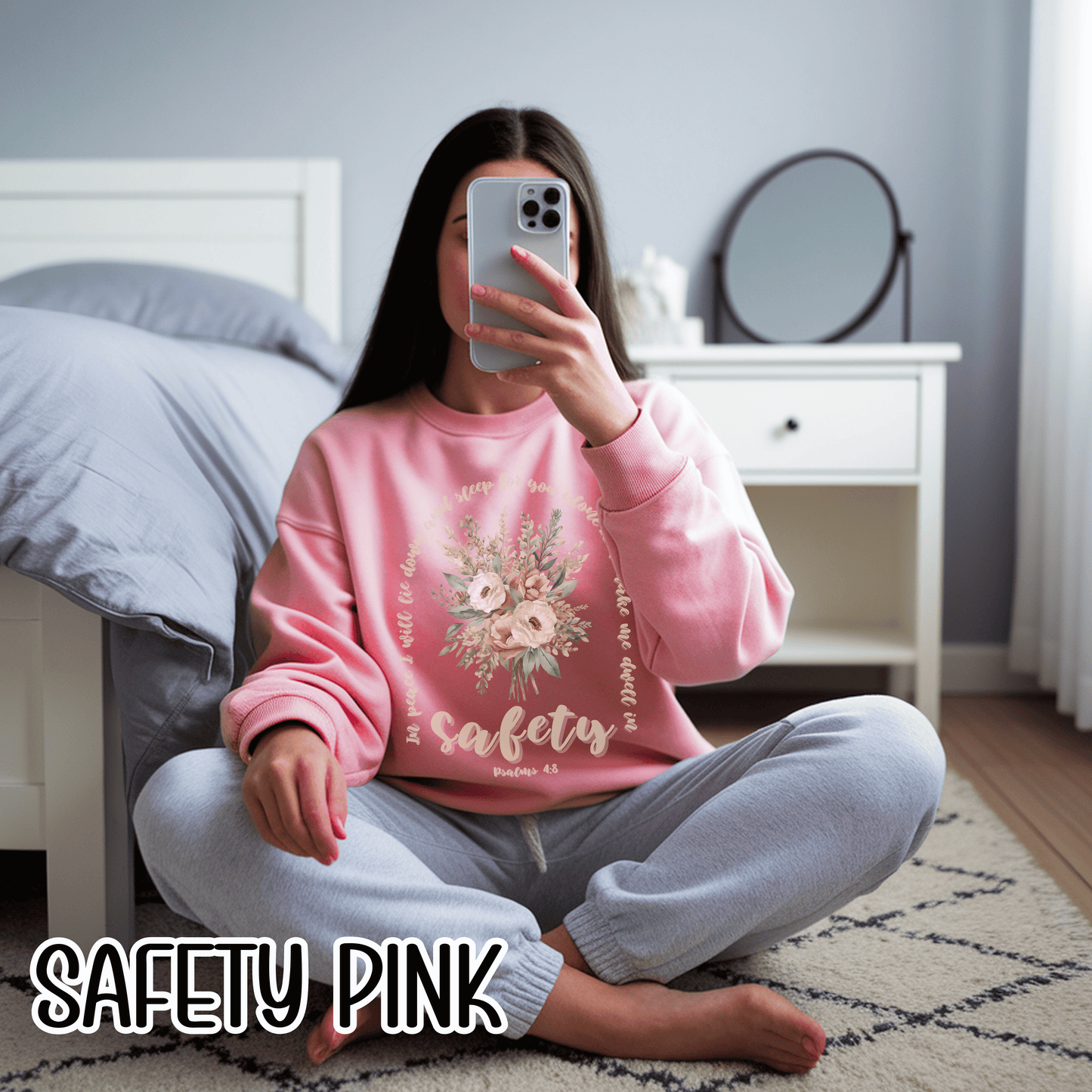 Psalm 4:8 Safety Scripture Sweatshirt • In Peace I Will Lie Down Floral Graphic Artwork • Neutral Christian Bible Verse Crewneck