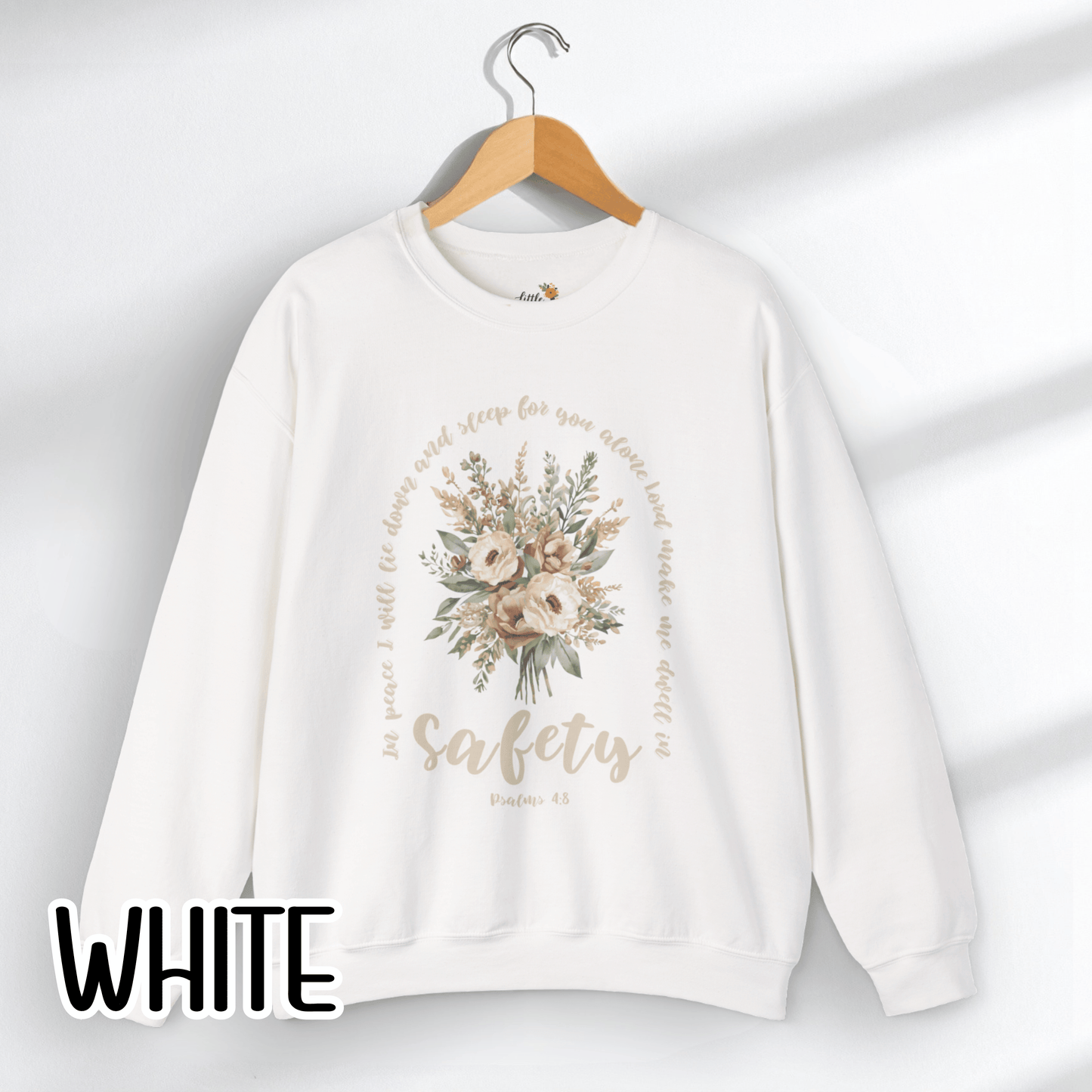 Psalm 4:8 Safety Scripture Sweatshirt • In Peace I Will Lie Down Floral Graphic Artwork • Neutral Christian Bible Verse Crewneck
