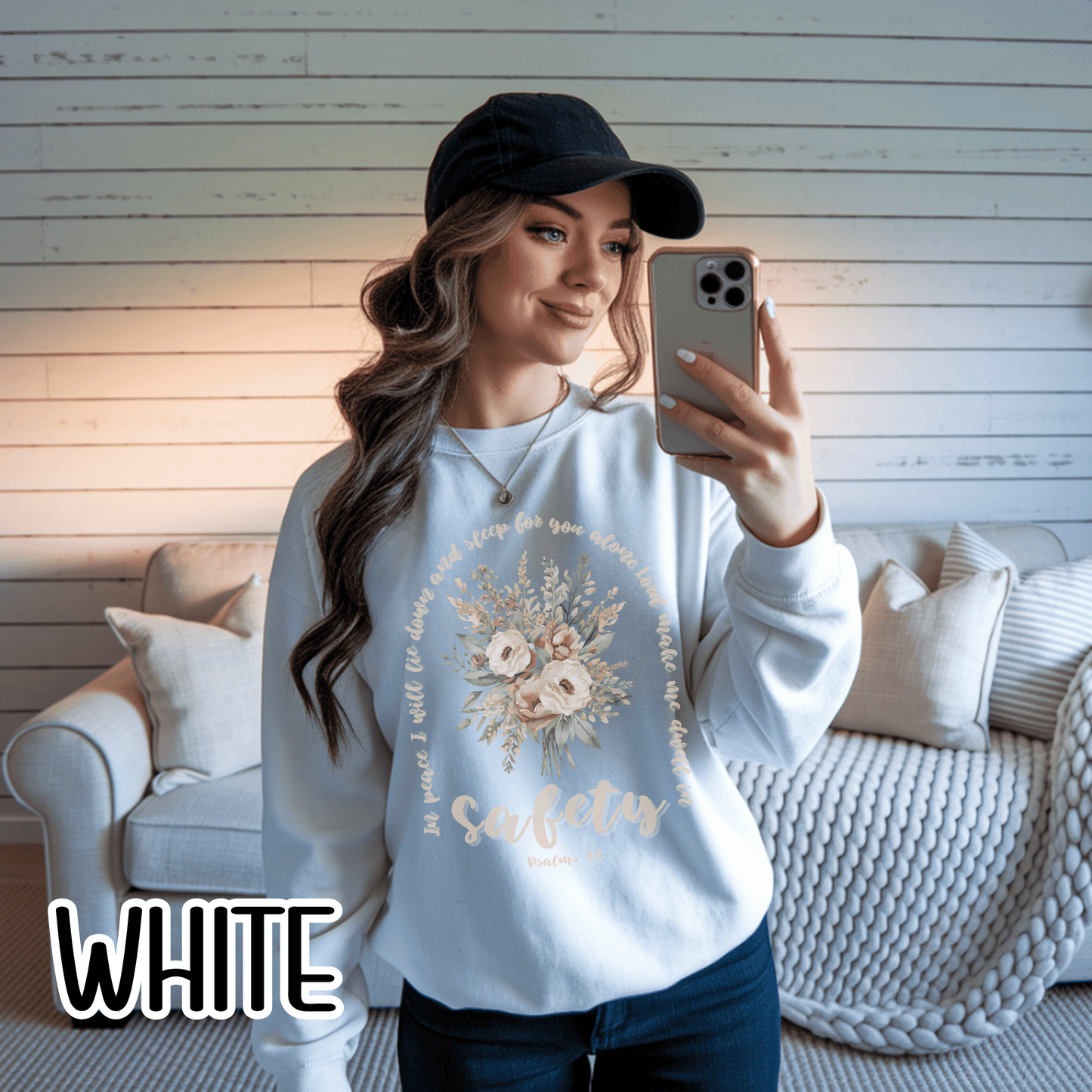 Psalm 4:8 Safety Scripture Sweatshirt • In Peace I Will Lie Down Floral Graphic Artwork • Neutral Christian Bible Verse Crewneck