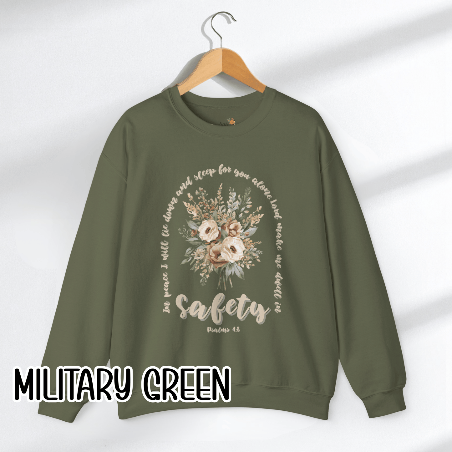 Psalm 4:8 Safety Scripture Sweatshirt • In Peace I Will Lie Down Floral Graphic Artwork • Neutral Christian Bible Verse Crewneck