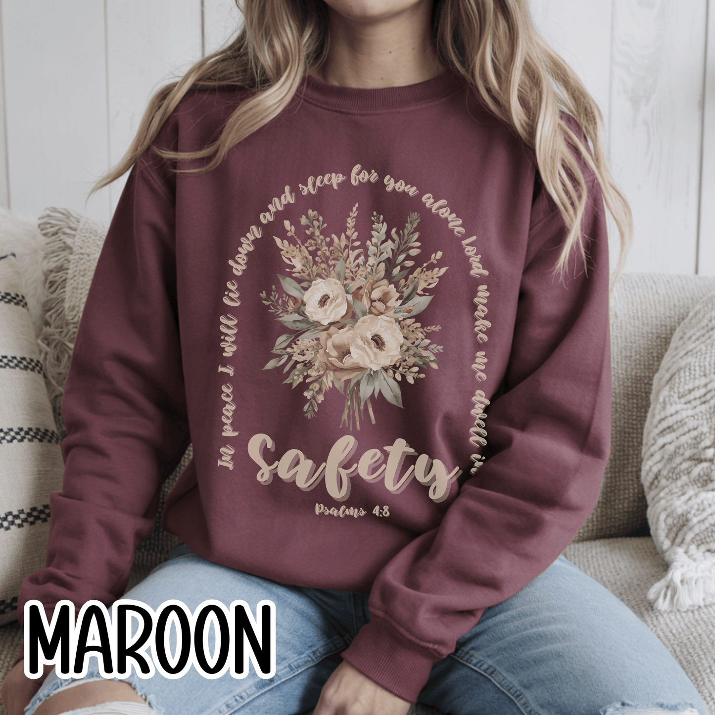 Psalm 4:8 Safety Scripture Sweatshirt • In Peace I Will Lie Down Floral Graphic Artwork • Neutral Christian Bible Verse Crewneck