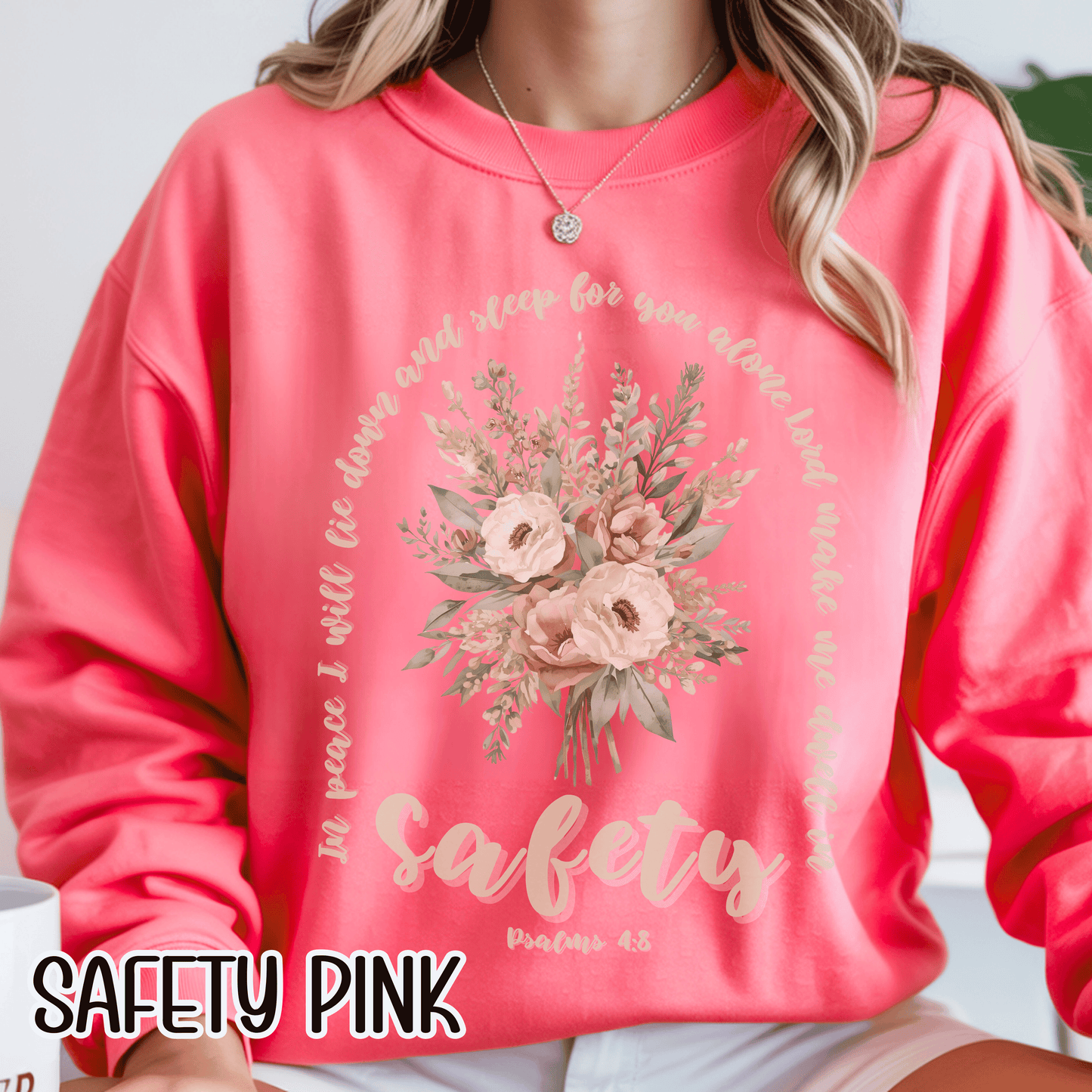 Psalm 4:8 Safety Scripture Sweatshirt • In Peace I Will Lie Down Floral Graphic Artwork • Neutral Christian Bible Verse Crewneck