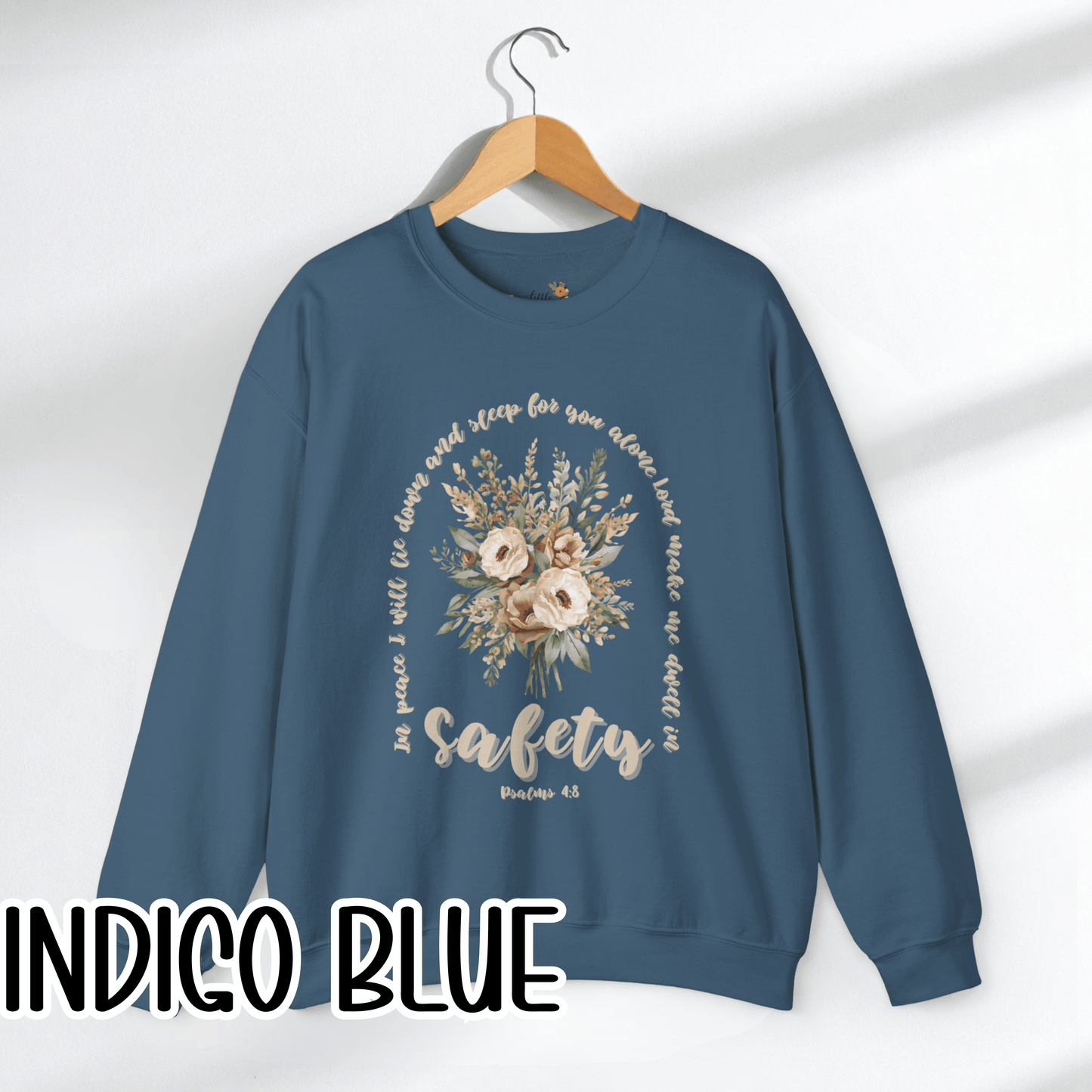Psalm 4:8 Safety Scripture Sweatshirt • In Peace I Will Lie Down Floral Graphic Artwork • Neutral Christian Bible Verse Crewneck